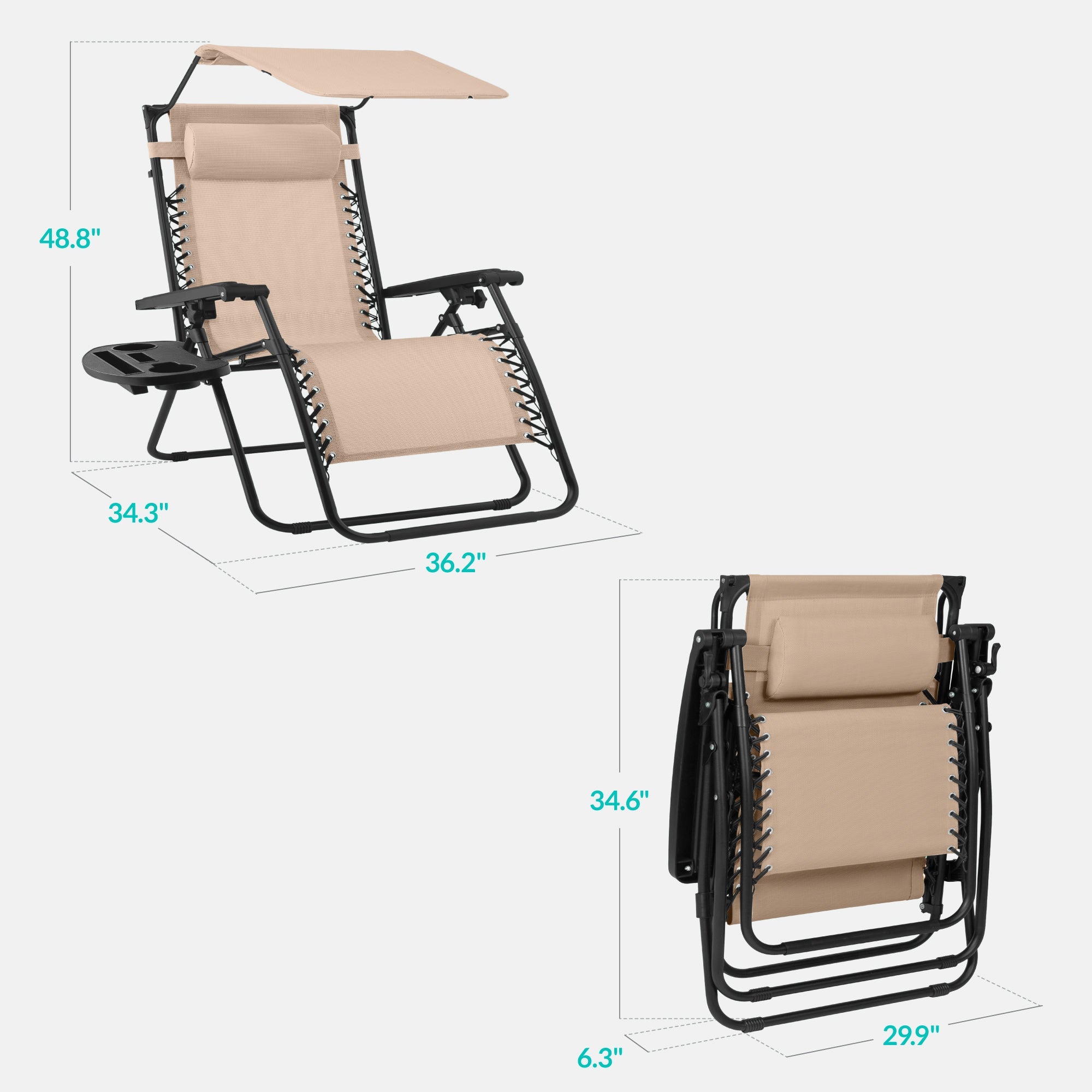 30-Inch Wide Folding Zero-Gravity Patio Lounge Chair with Adjustable Canopy Shade