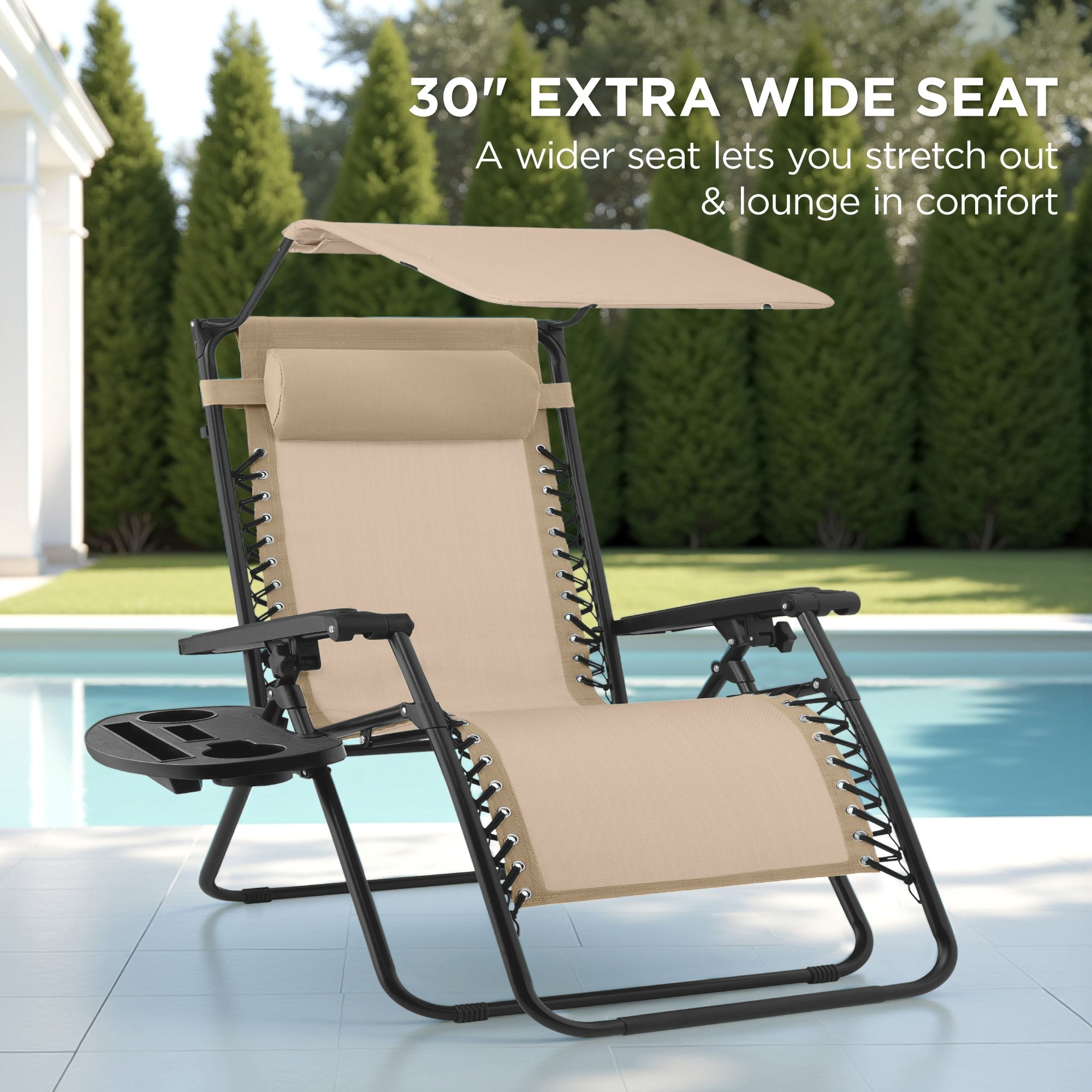 30-Inch Wide Folding Zero-Gravity Patio Lounge Chair with Adjustable Canopy Shade