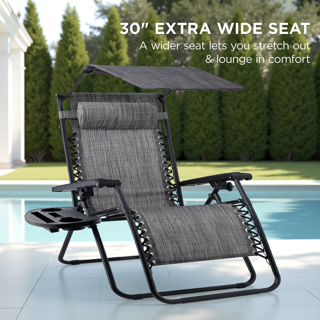 30-Inch Wide Folding Zero-Gravity Patio Lounge Chair with Adjustable Canopy Shade
