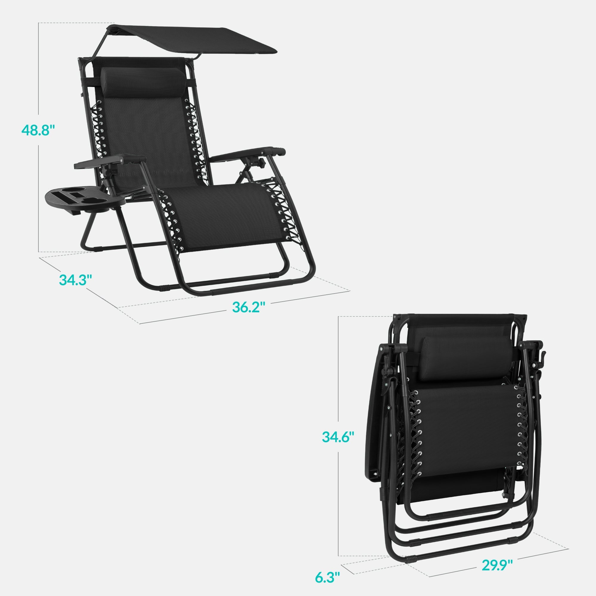 30-Inch Wide Folding Zero-Gravity Patio Lounge Chair with Adjustable Canopy Shade