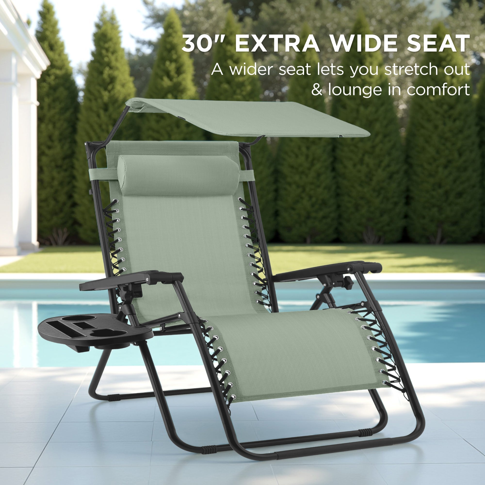 30-Inch Wide Folding Zero-Gravity Patio Lounge Chair with Adjustable Canopy Shade