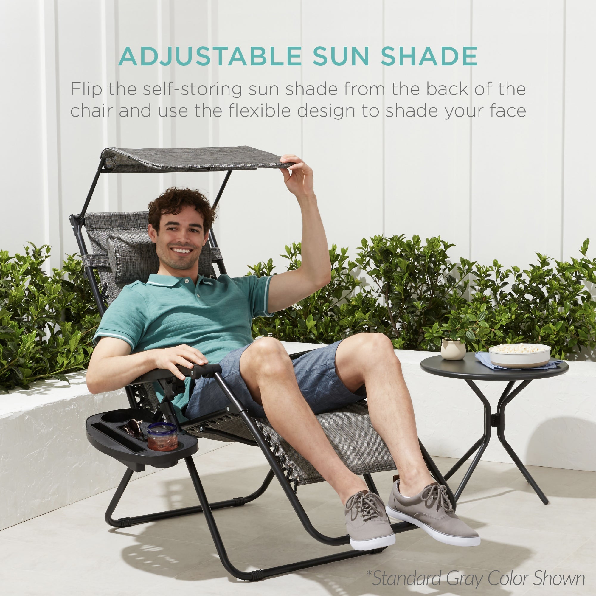 30-Inch Wide Folding Zero-Gravity Patio Lounge Chair with Adjustable Canopy Shade