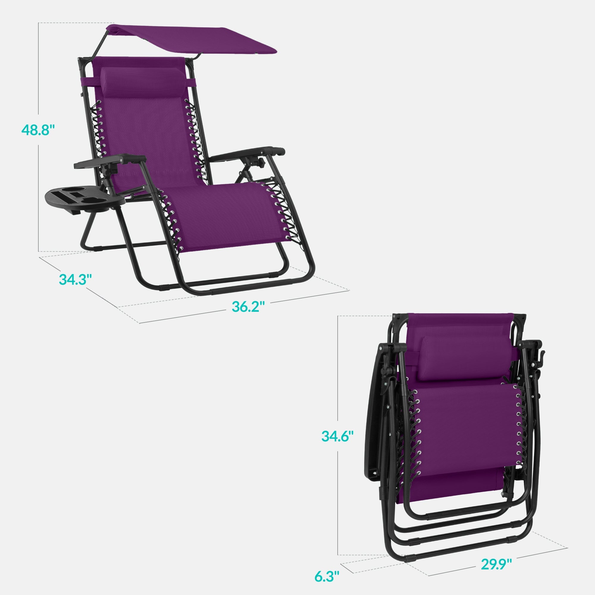30-Inch Wide Folding Zero-Gravity Patio Lounge Chair with Adjustable Canopy Shade