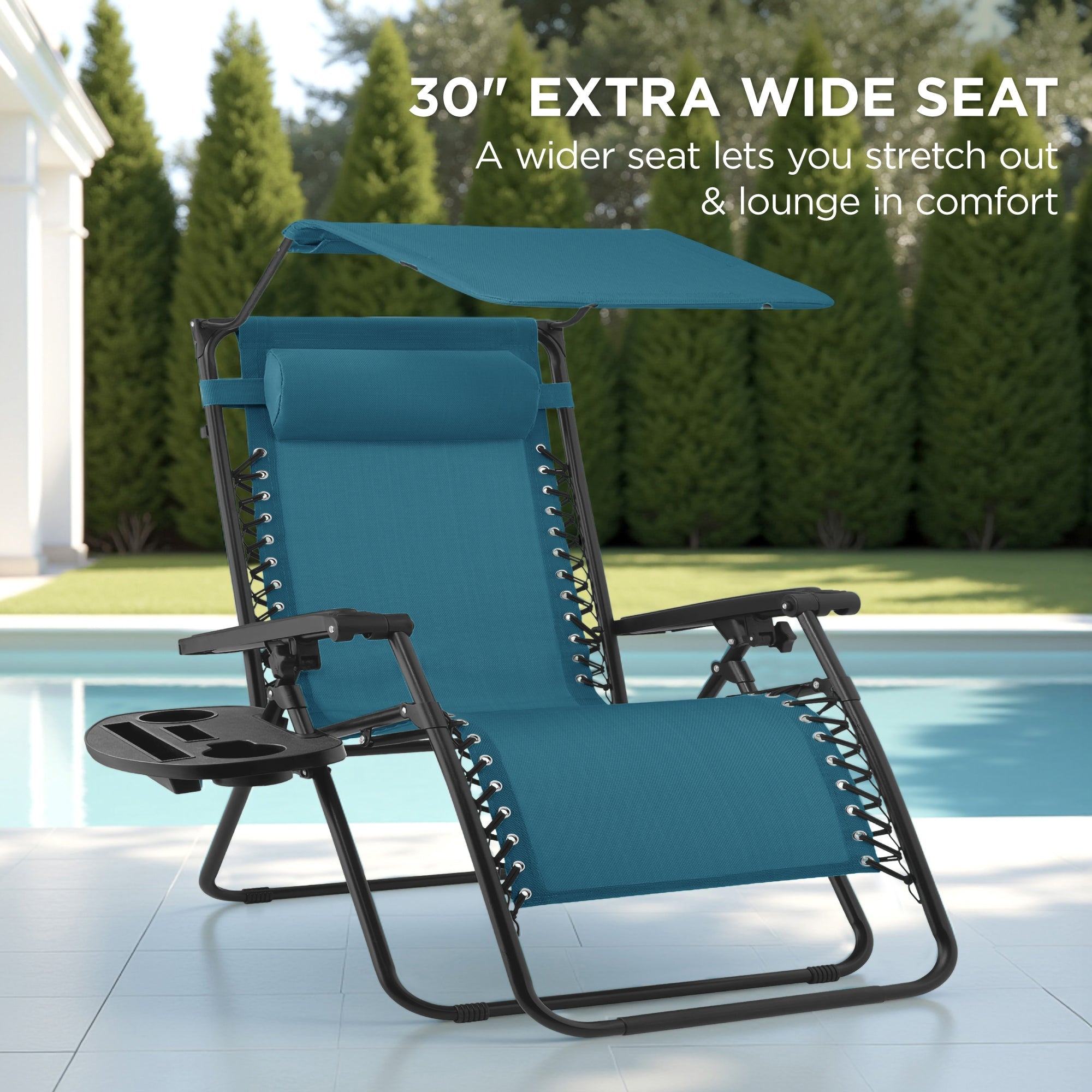 30-Inch Wide Folding Zero-Gravity Patio Lounge Chair with Adjustable Canopy Shade