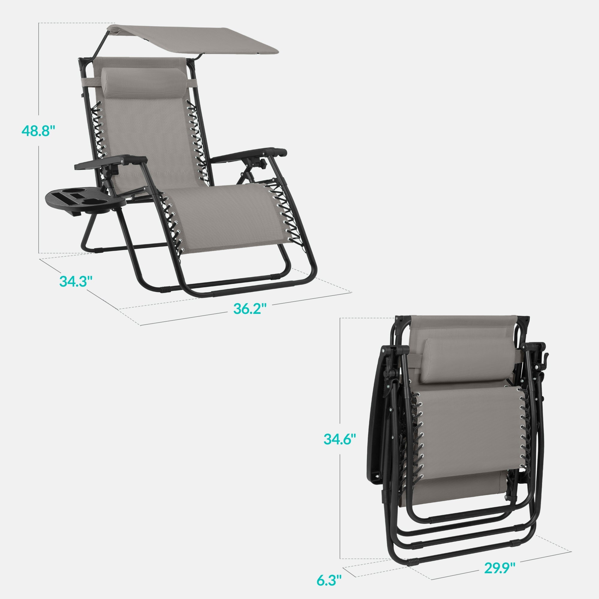 30-Inch Wide Folding Zero-Gravity Patio Lounge Chair with Adjustable Canopy Shade