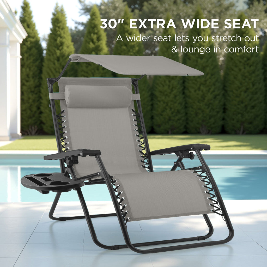 30-Inch Wide Folding Zero-Gravity Patio Lounge Chair with Adjustable Canopy Shade