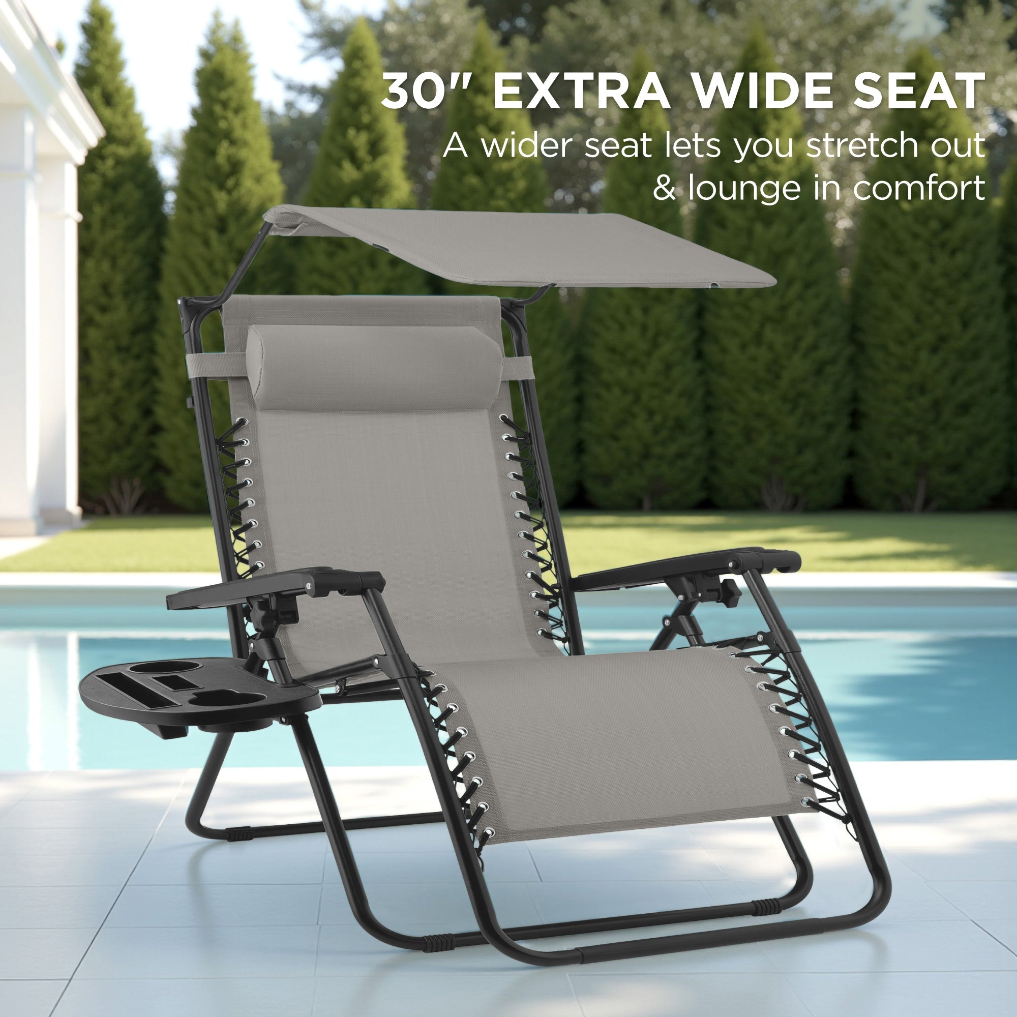 30-Inch Wide Folding Zero-Gravity Patio Lounge Chair with Adjustable Canopy Shade