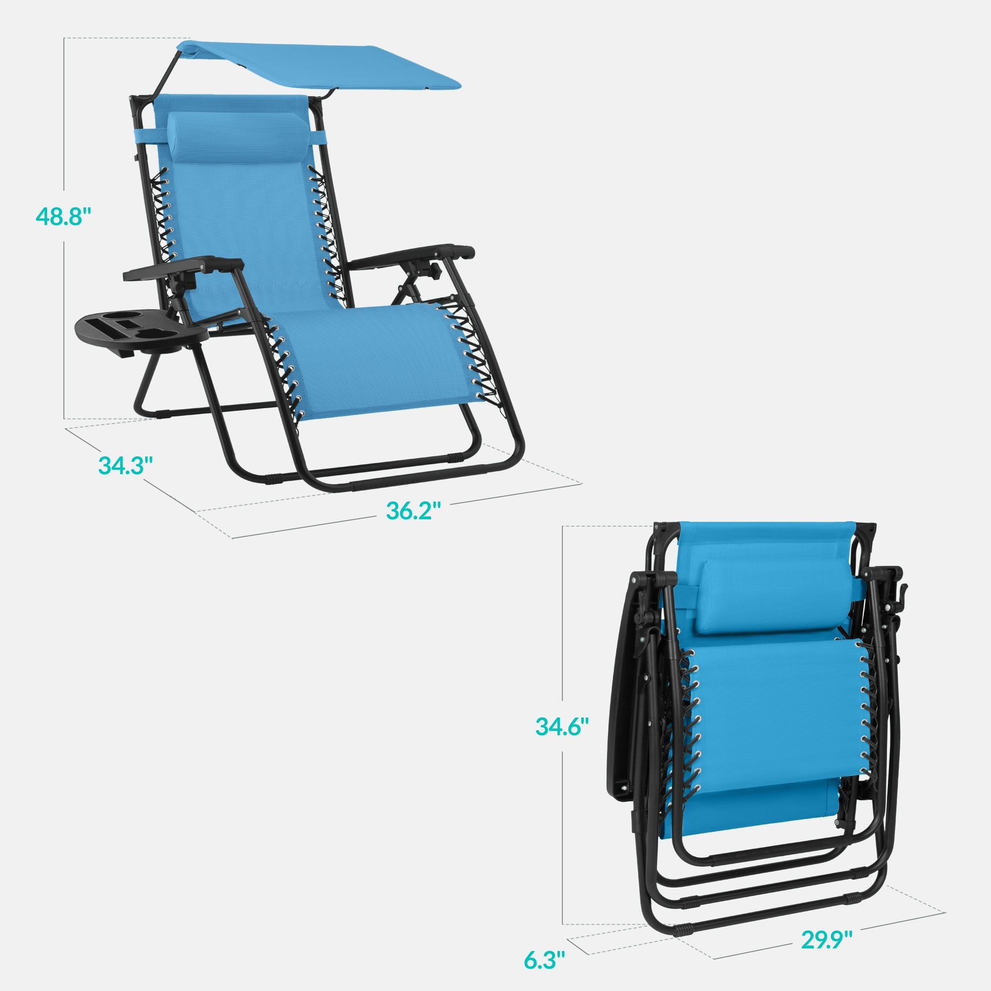 30-Inch Wide Folding Zero-Gravity Patio Lounge Chair with Adjustable Canopy Shade
