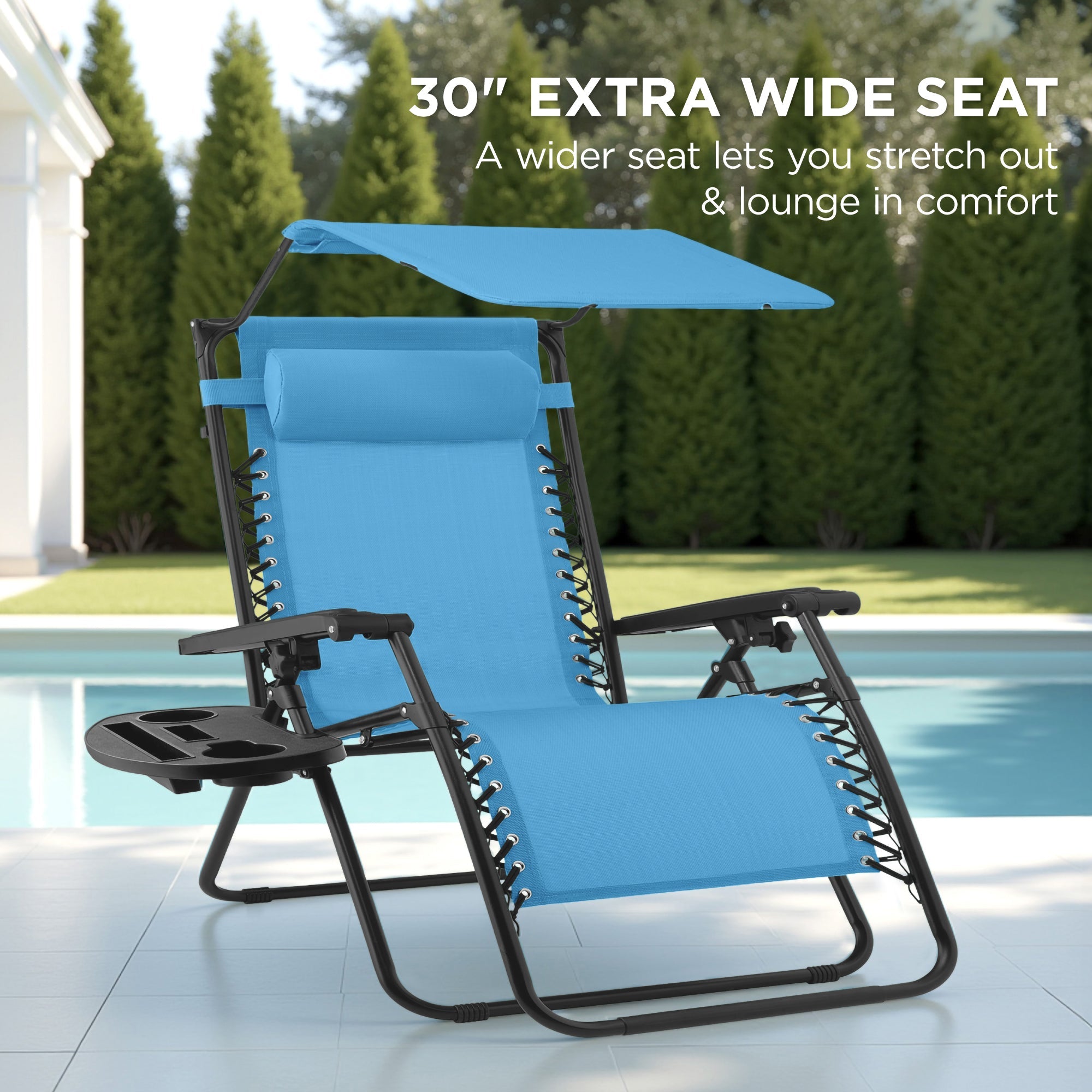30-Inch Wide Folding Zero-Gravity Patio Lounge Chair with Adjustable Canopy Shade