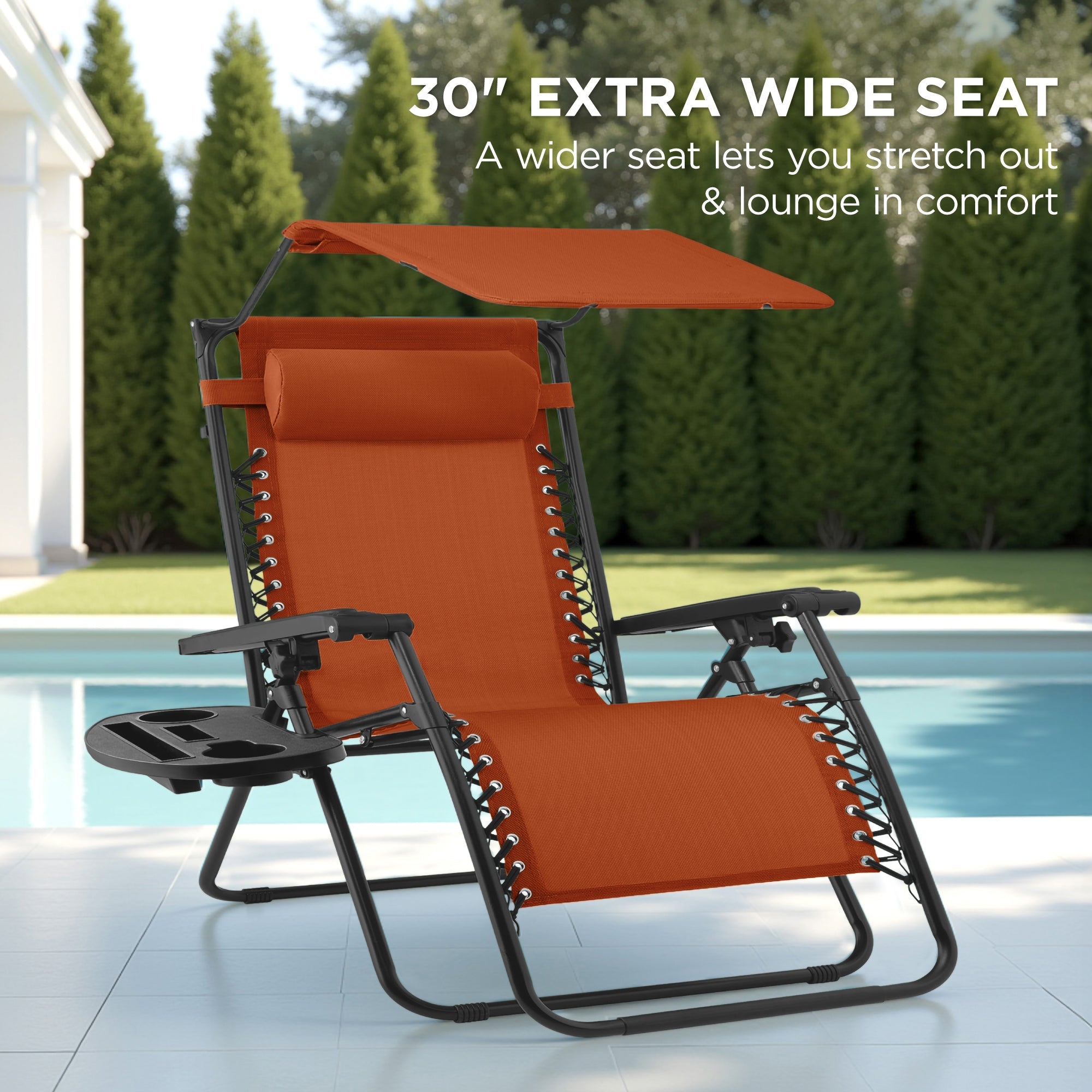 30-Inch Wide Folding Zero-Gravity Patio Lounge Chair with Adjustable Canopy Shade