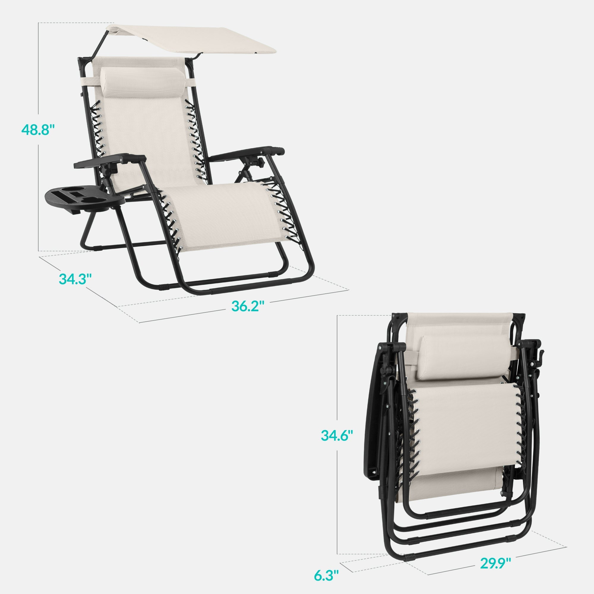 30-Inch Wide Folding Zero-Gravity Patio Lounge Chair with Adjustable Canopy Shade