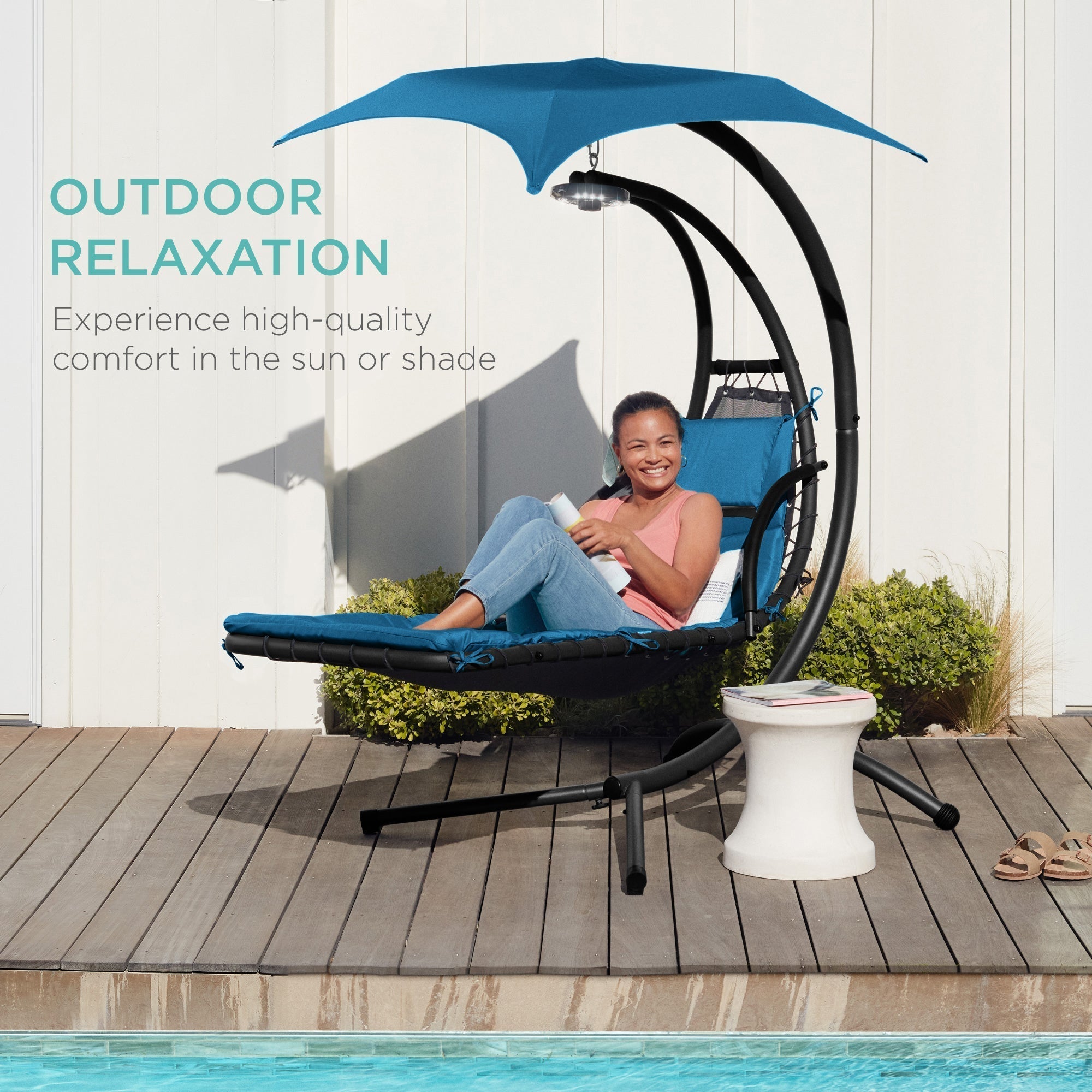Curved Hanging Chaise with Canopy (Optional LED Light)