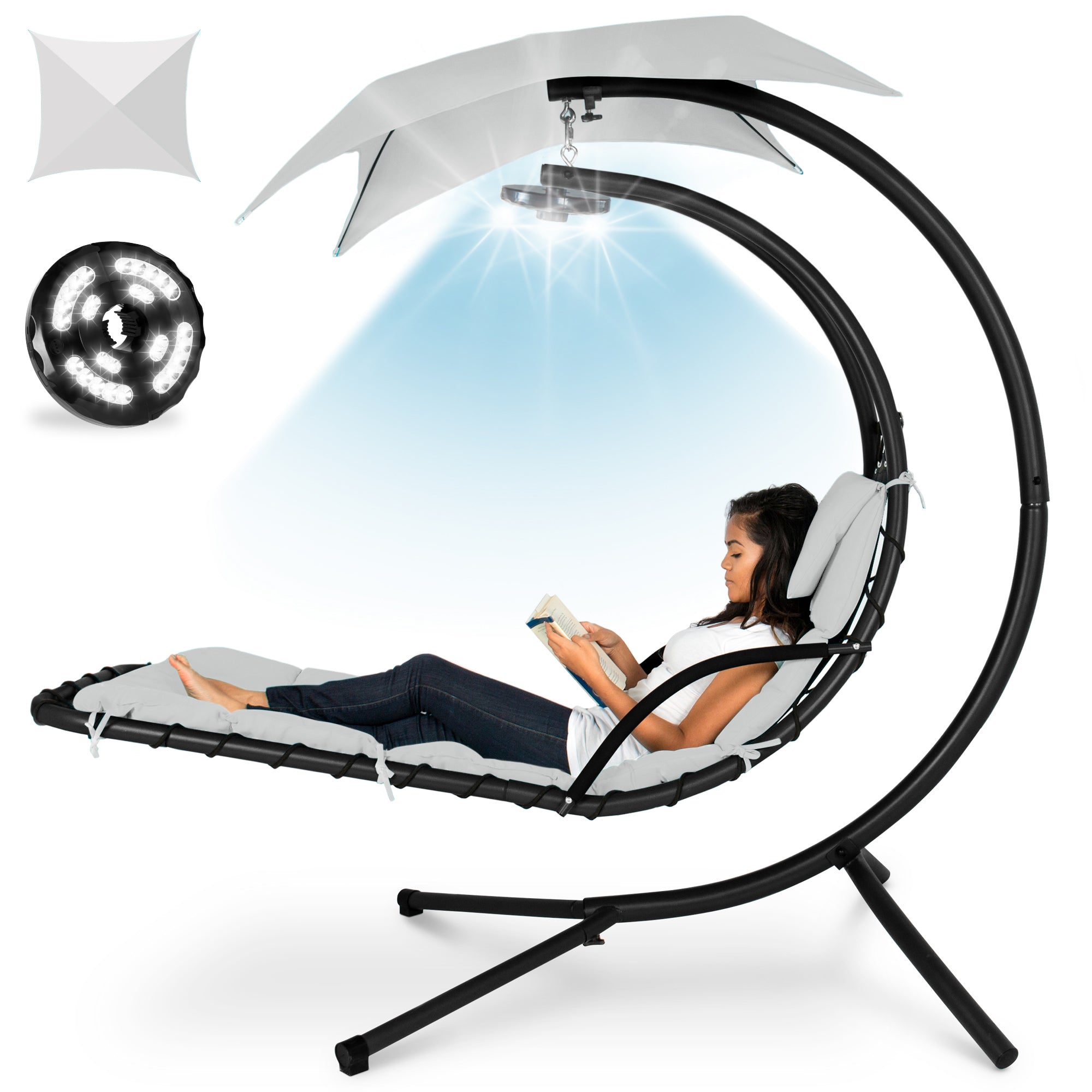 Curved Hanging Chaise with Canopy (Optional LED Light)