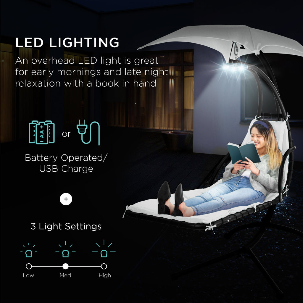 Curved Hanging Chaise with Canopy (Optional LED Light)