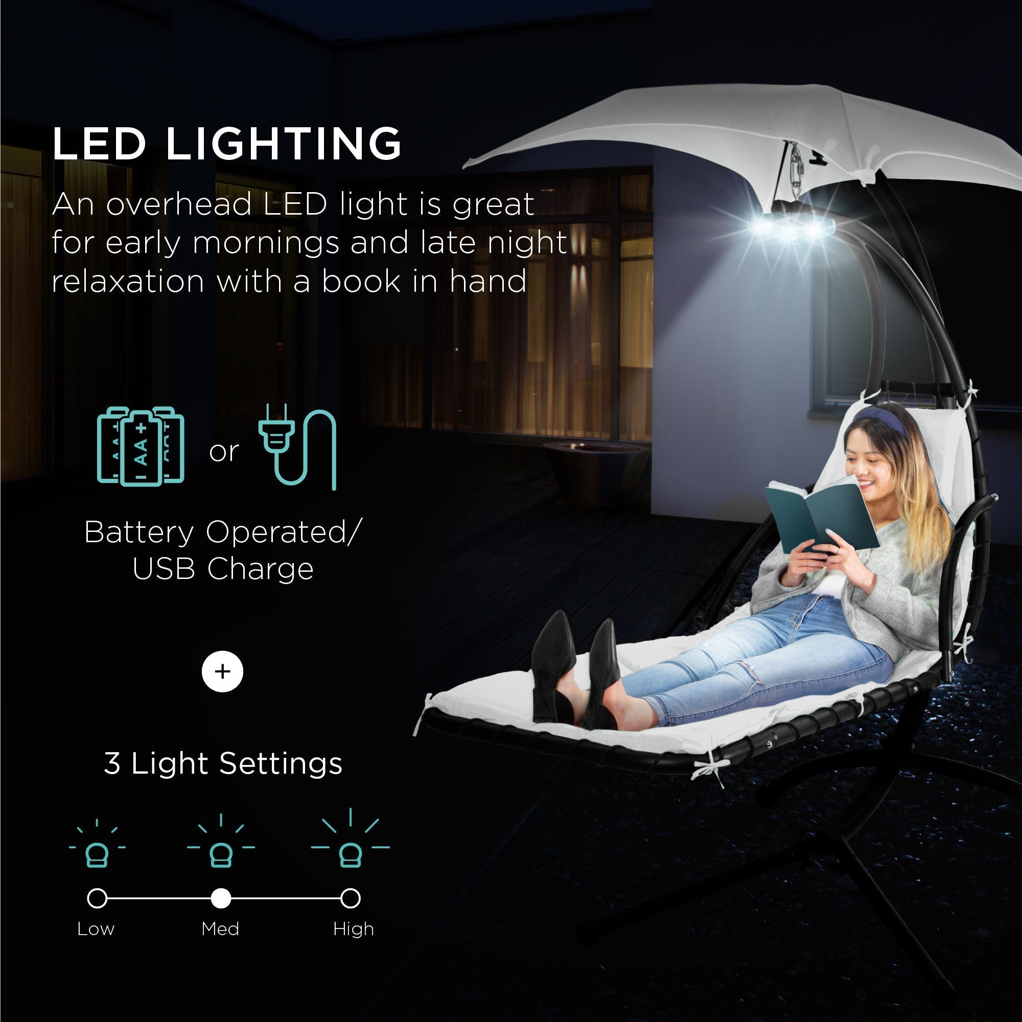 Curved Hanging Chaise with Canopy (Optional LED Light)