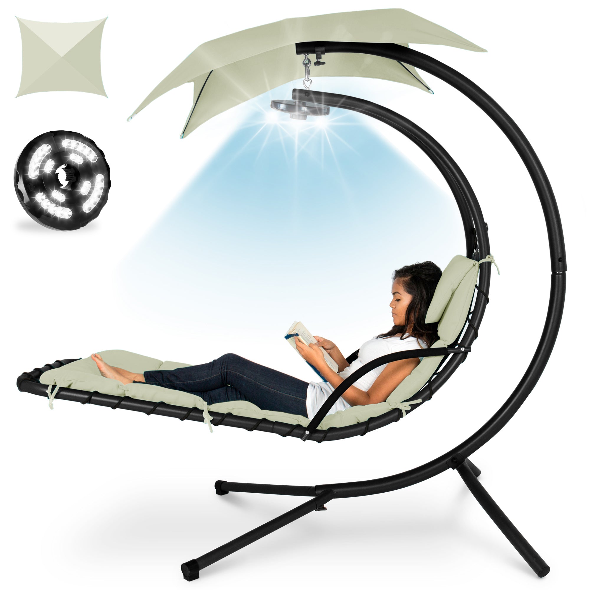 Curved Hanging Chaise with Canopy (Optional LED Light)