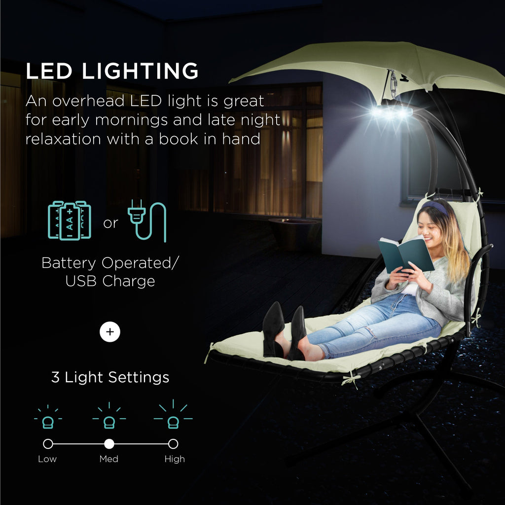 Curved Hanging Chaise with Canopy (Optional LED Light)