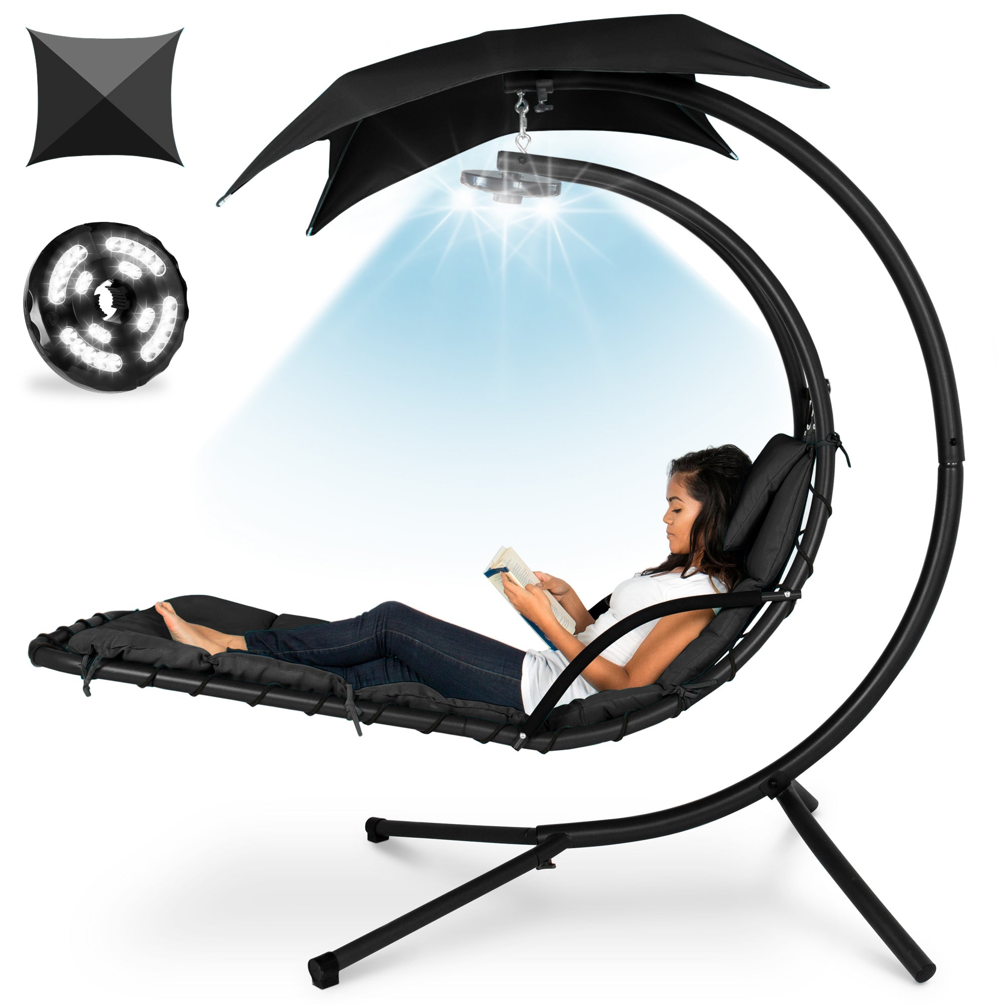 Curved Hanging Chaise with Canopy (Optional LED Light)