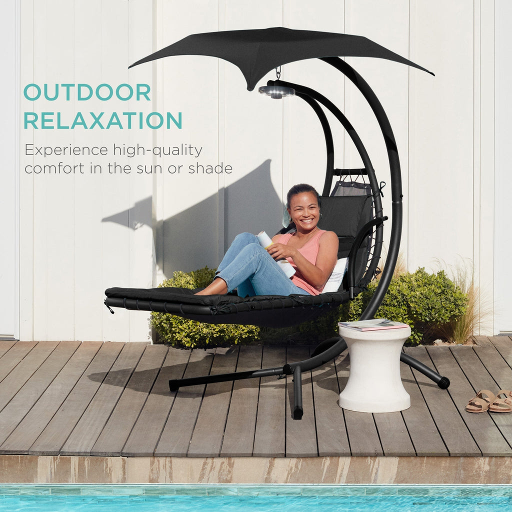 Curved Hanging Chaise with Canopy (Optional LED Light)