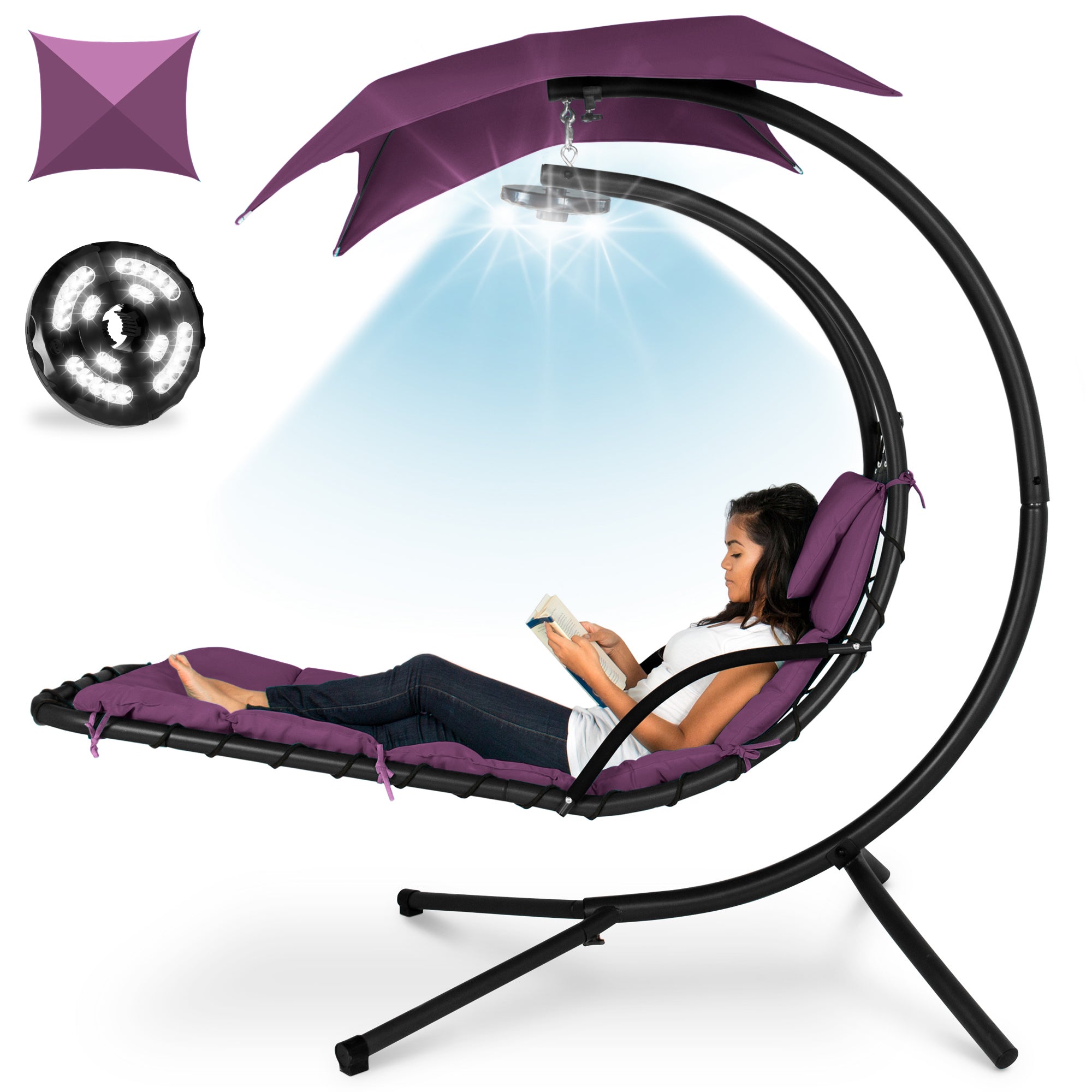 Curved Hanging Chaise with Canopy (Optional LED Light)