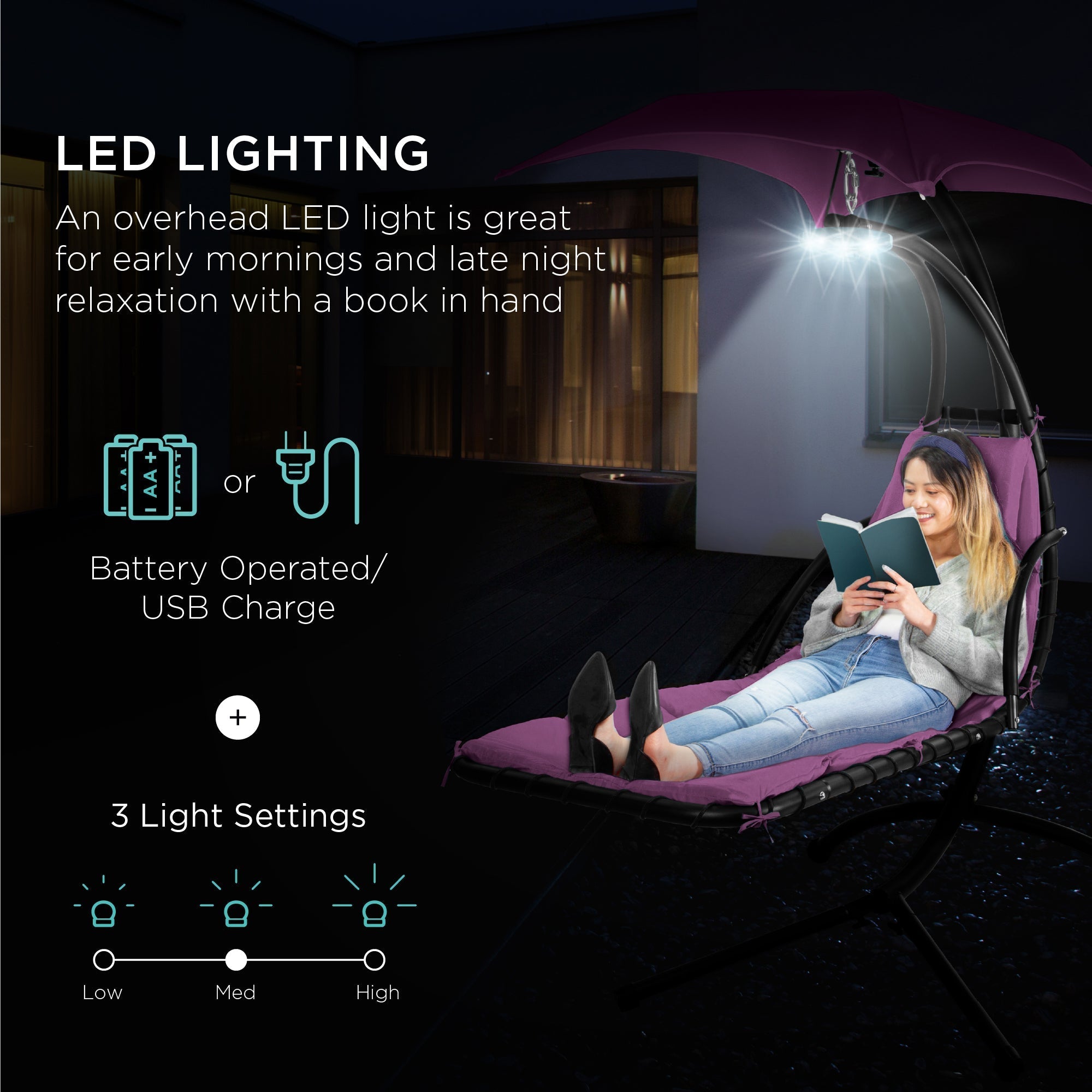Curved Hanging Chaise with Canopy (Optional LED Light)