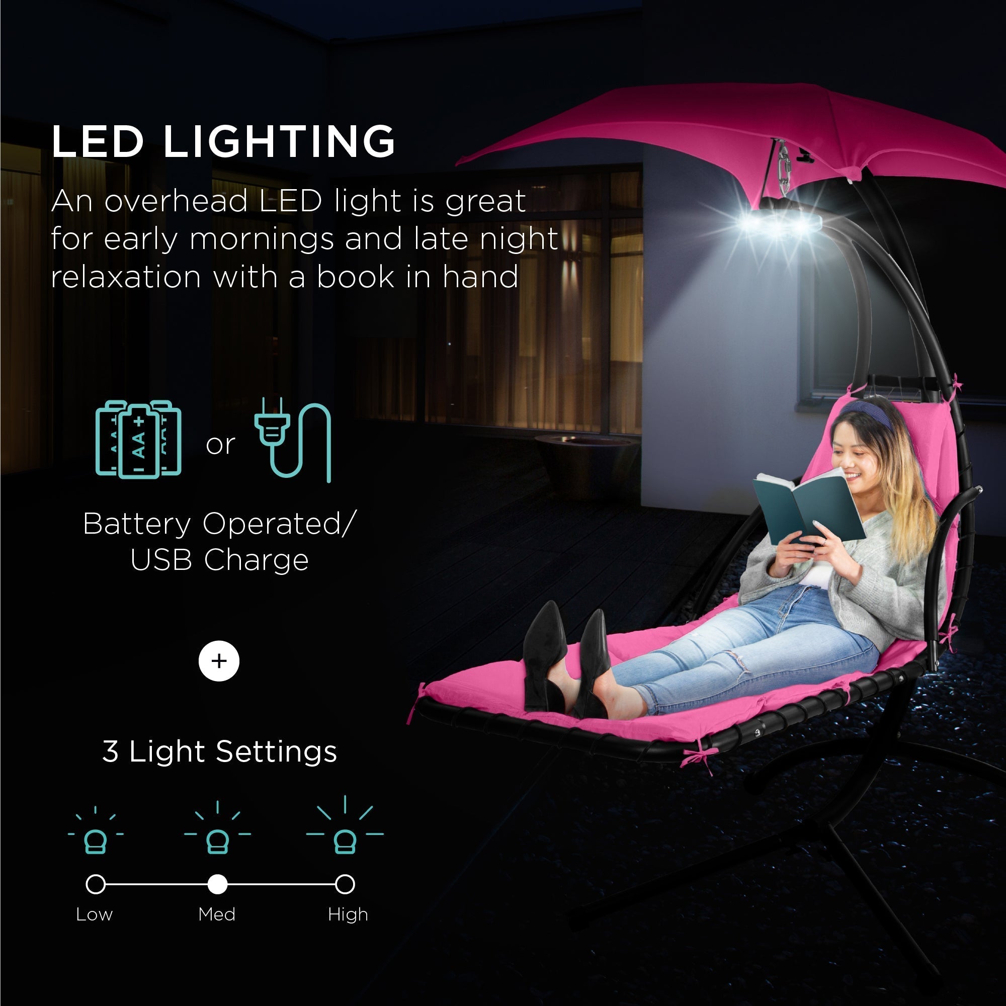 Curved Hanging Chaise with Canopy (Optional LED Light)