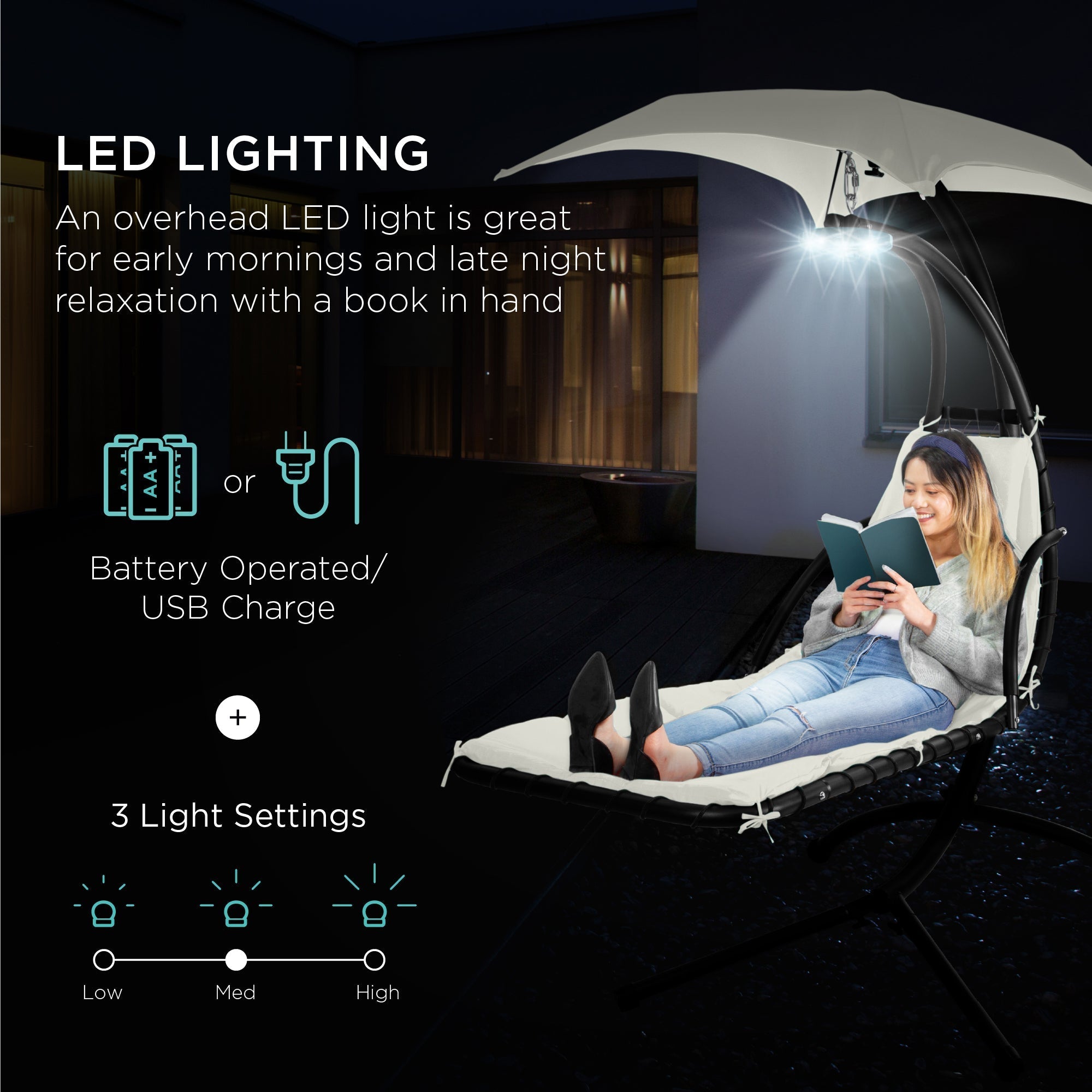 Curved Hanging Chaise with Canopy (Optional LED Light)