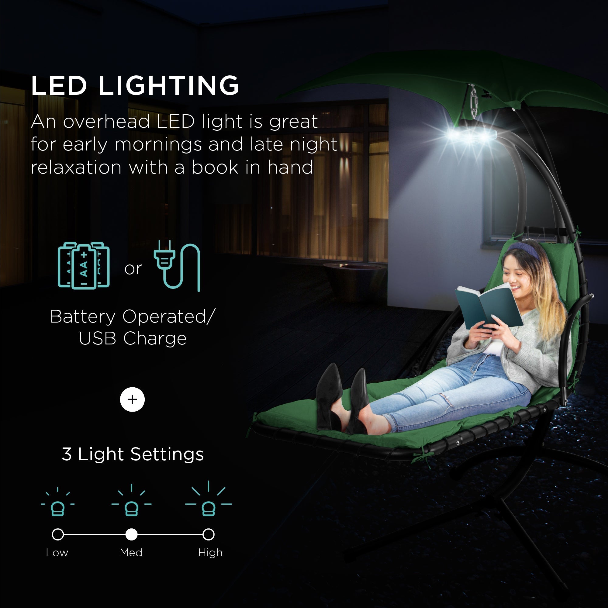 Curved Hanging Chaise with Canopy (Optional LED Light)