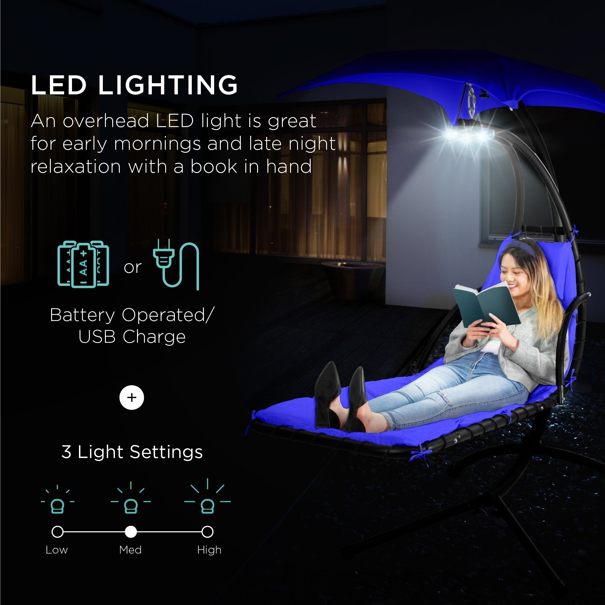Curved Hanging Chaise with Canopy (Optional LED Light)