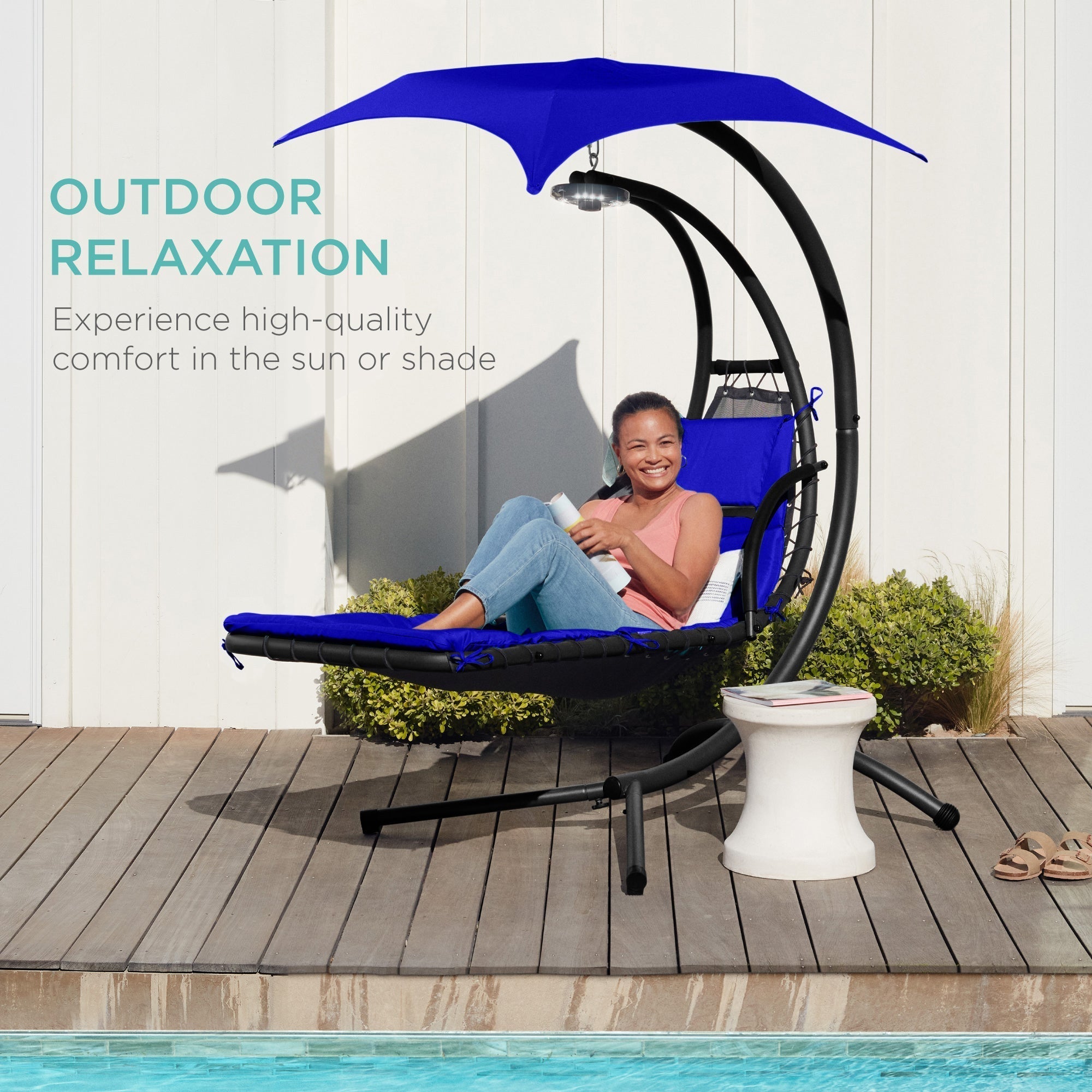 Curved Hanging Chaise with Canopy (Optional LED Light)