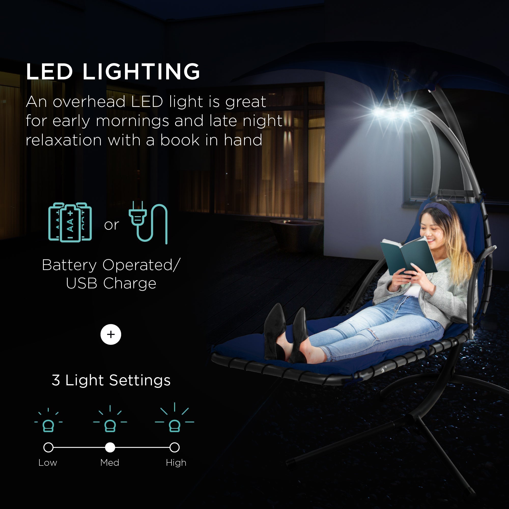 Curved Hanging Chaise with Canopy (Optional LED Light)