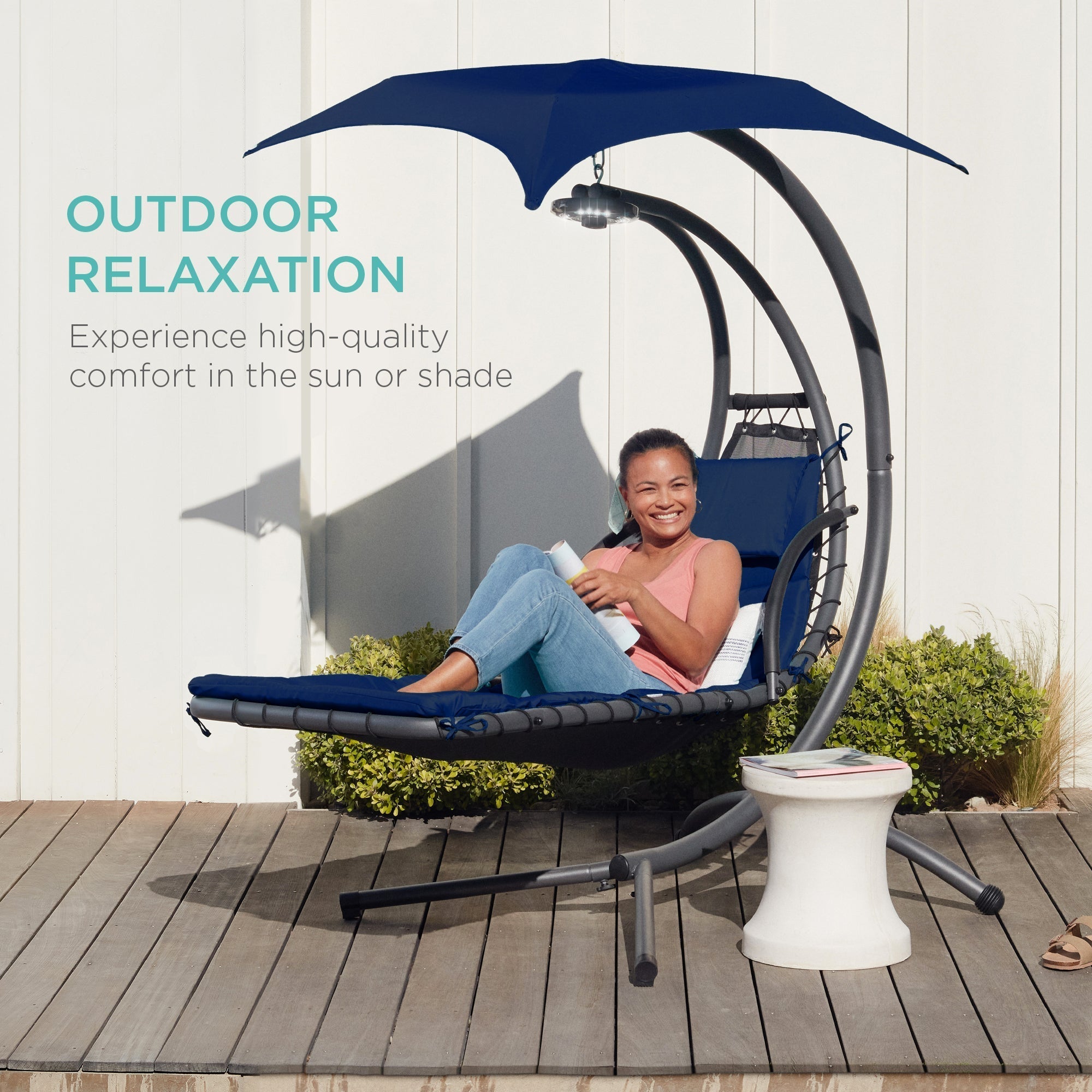 Curved Hanging Chaise with Canopy (Optional LED Light)