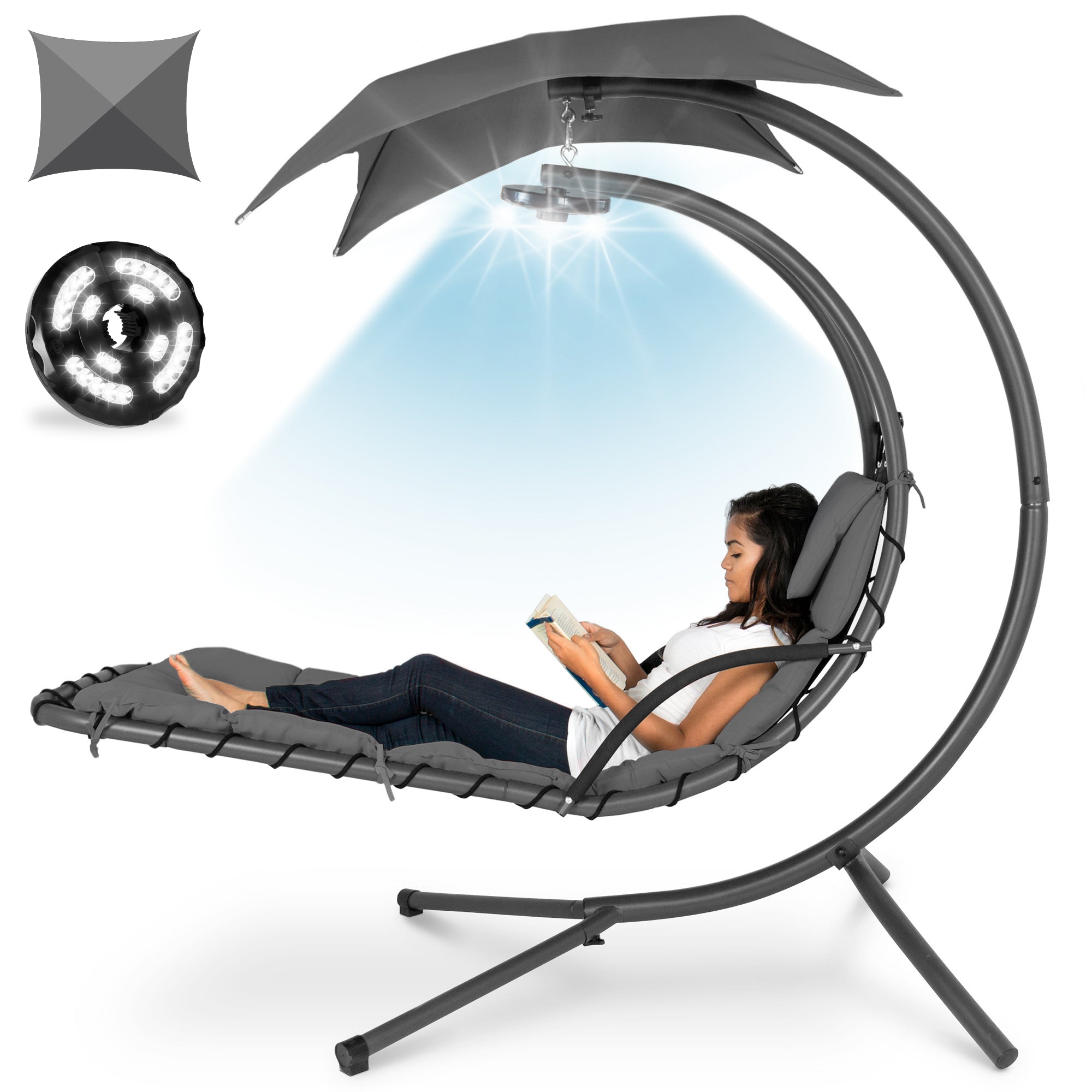 Curved Hanging Chaise with Canopy (Optional LED Light)