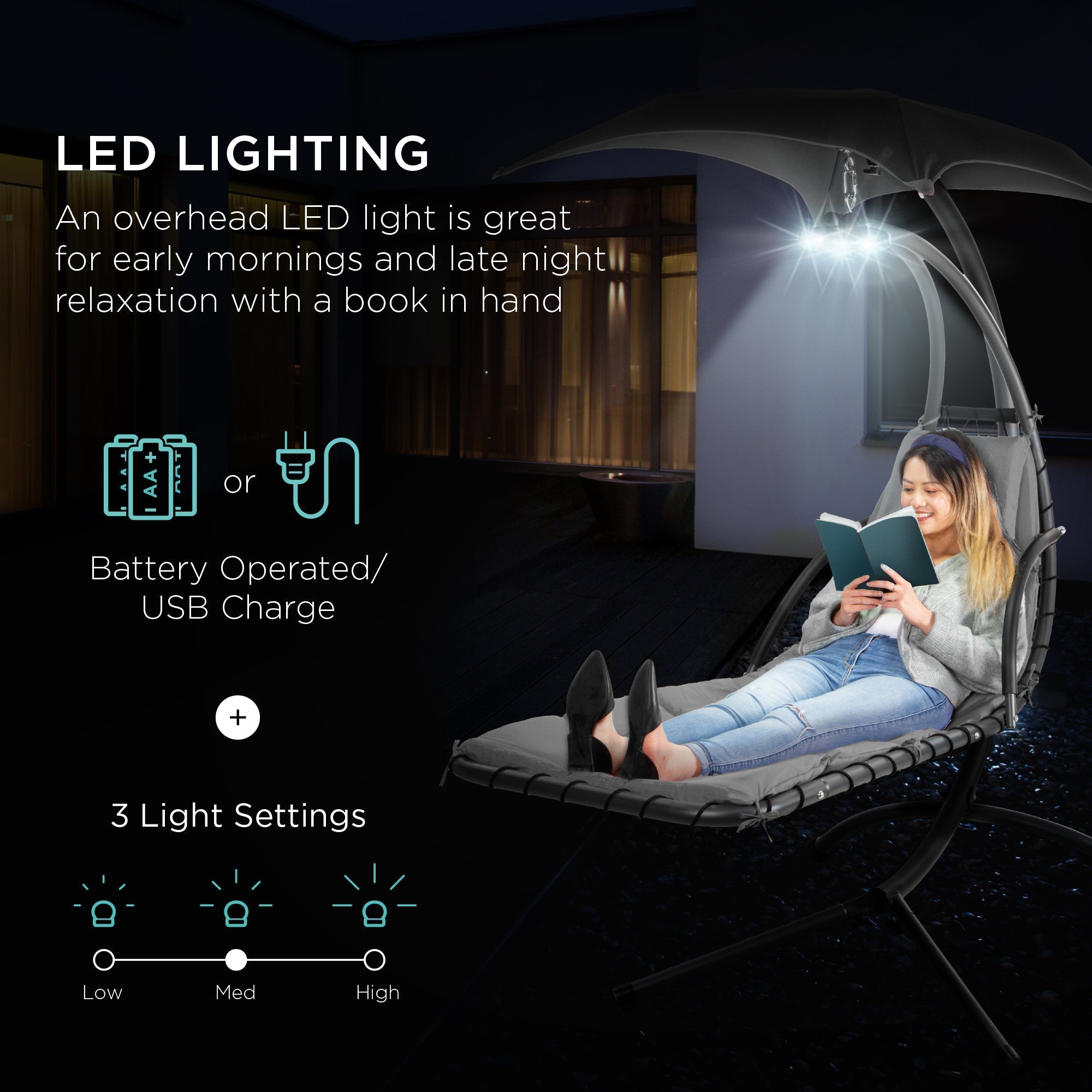 Curved Hanging Chaise with Canopy (Optional LED Light)