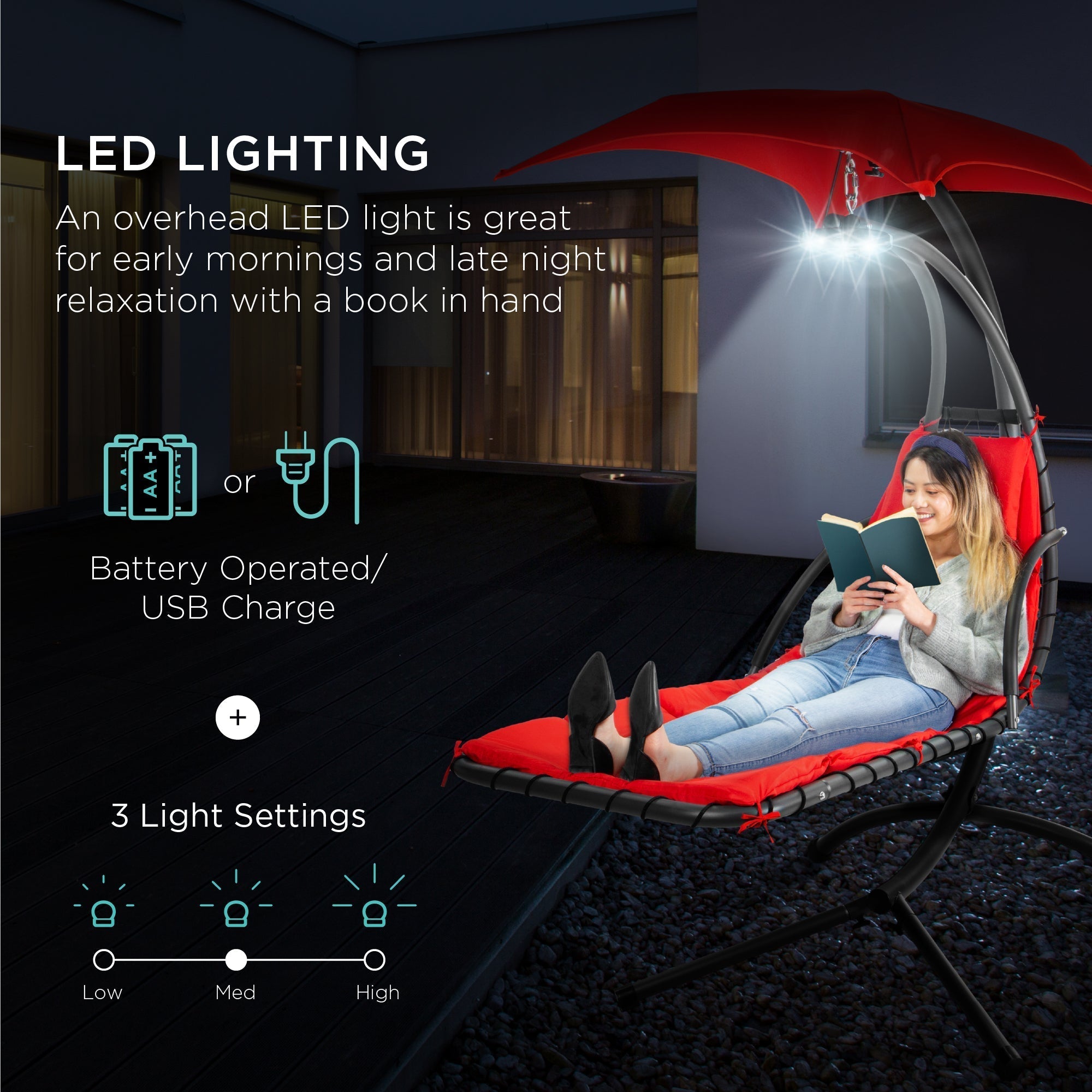 Curved Hanging Chaise with Canopy (Optional LED Light)