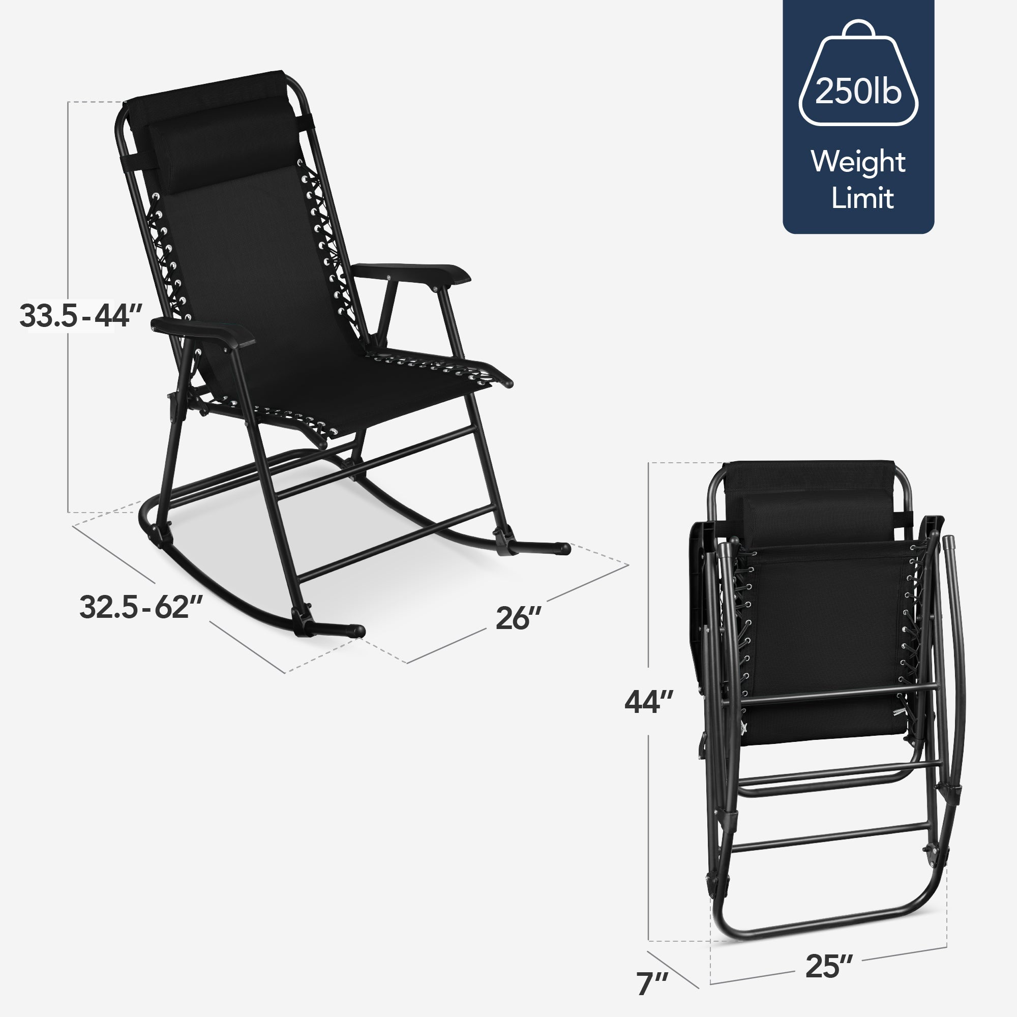 Premium Outdoor Folding Zero-Gravity Rocking Lounge Chair with Headrest Pillow