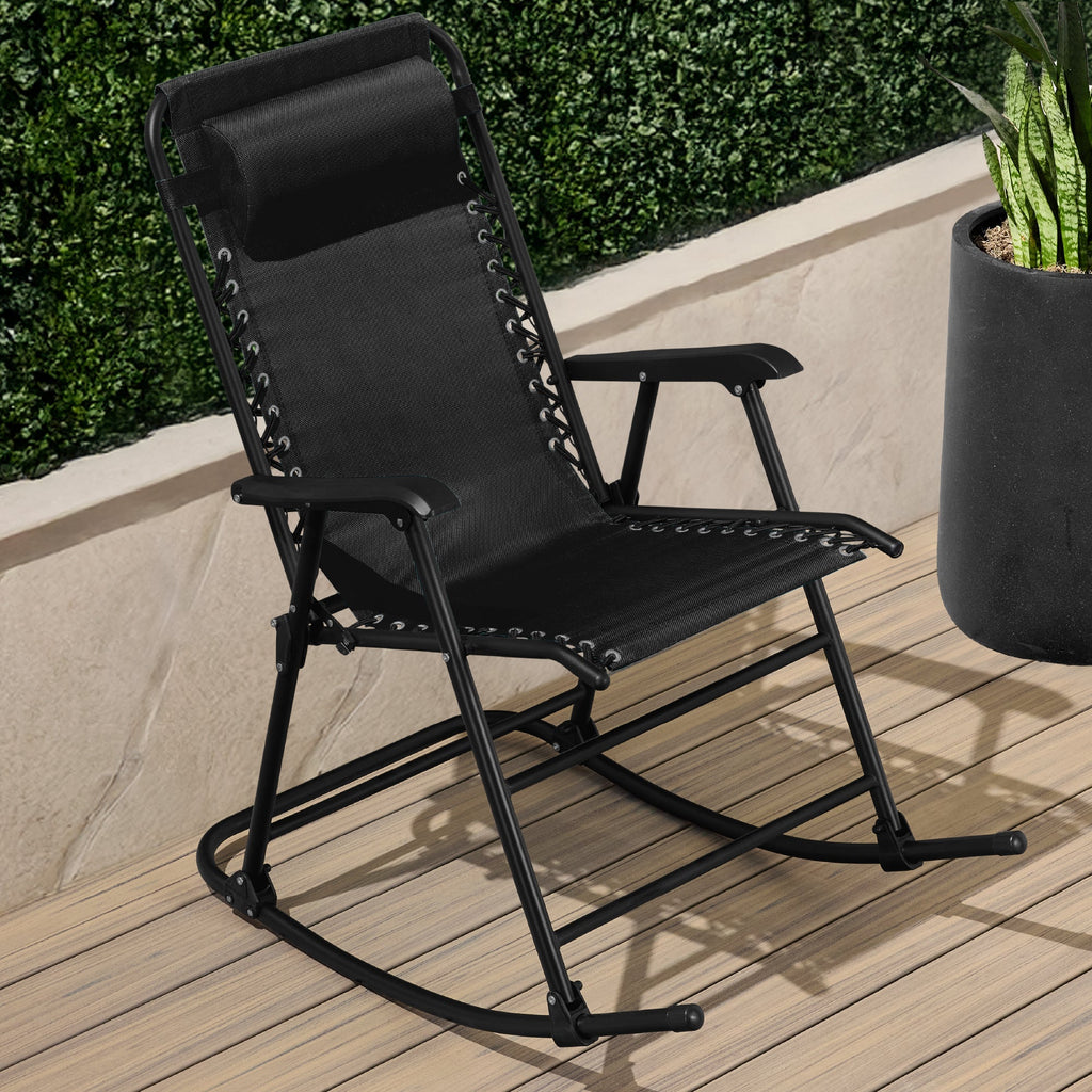 Premium Outdoor Folding Zero-Gravity Rocking Lounge Chair with Headrest Pillow