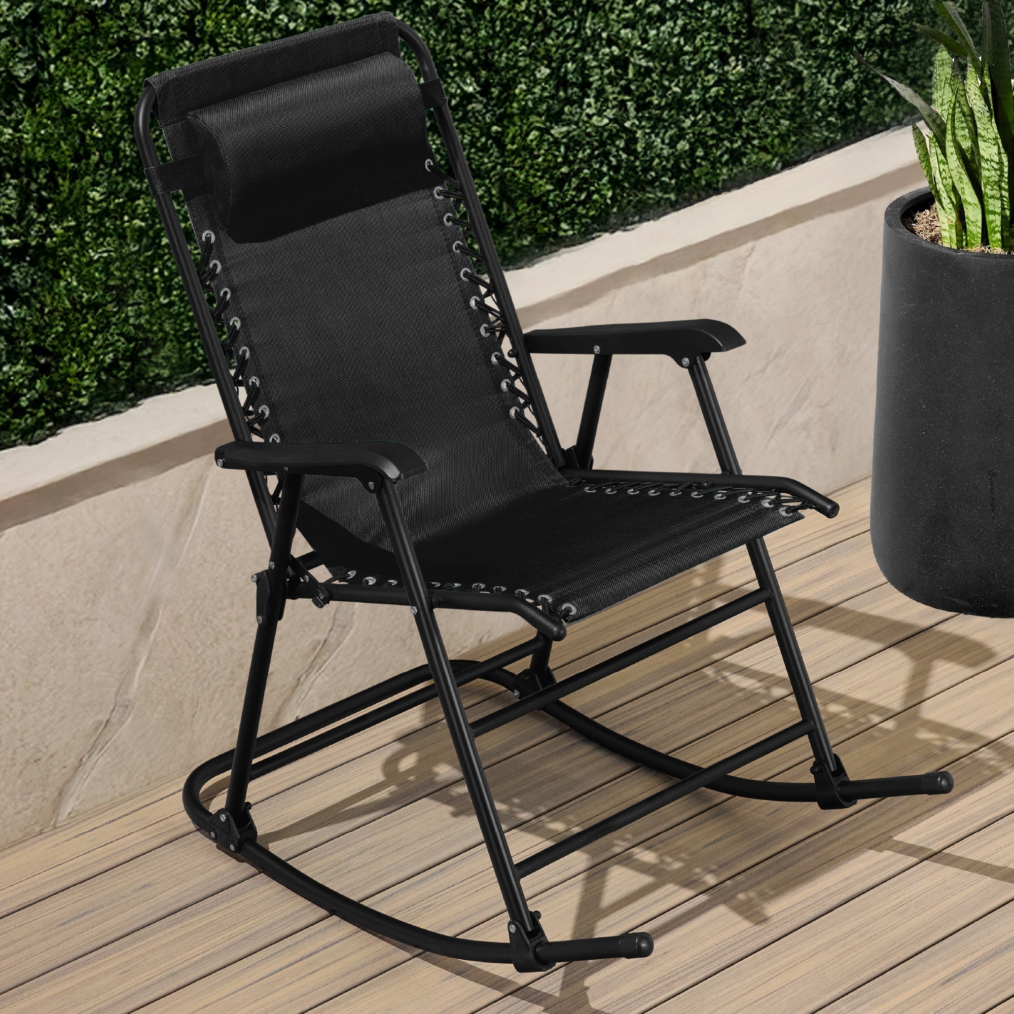 Premium Outdoor Folding Zero-Gravity Rocking Lounge Chair with Headrest Pillow