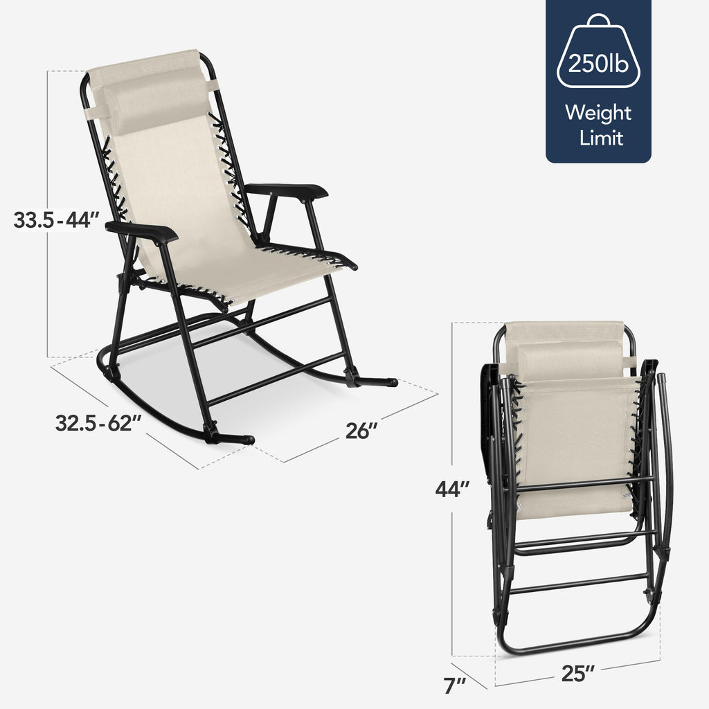 Premium Outdoor Folding Zero-Gravity Rocking Lounge Chair with Headrest Pillow