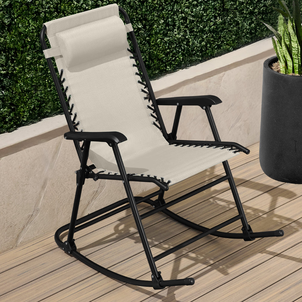 Premium Outdoor Folding Zero-Gravity Rocking Lounge Chair with Headrest Pillow