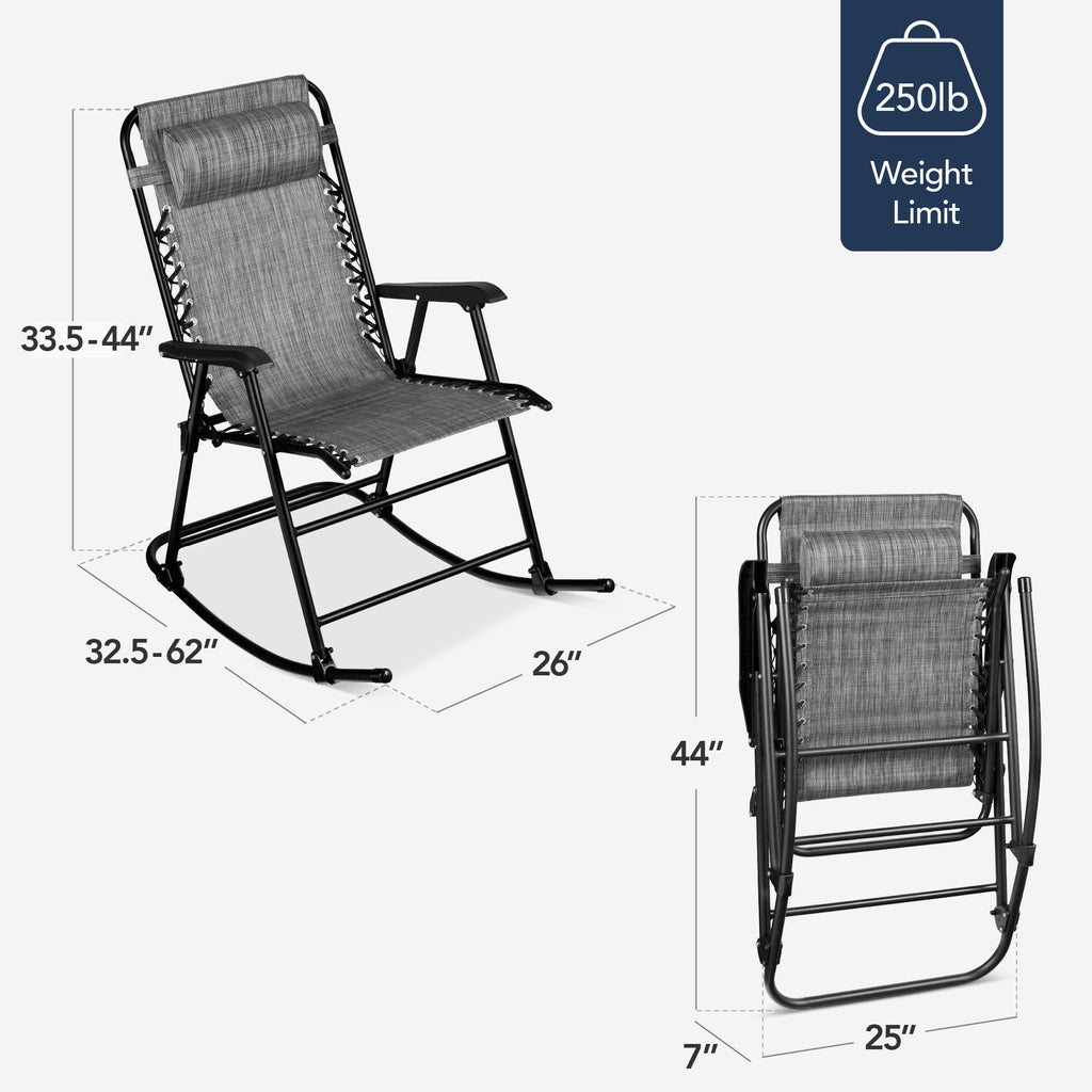 Premium Outdoor Folding Zero-Gravity Rocking Lounge Chair with Headrest Pillow