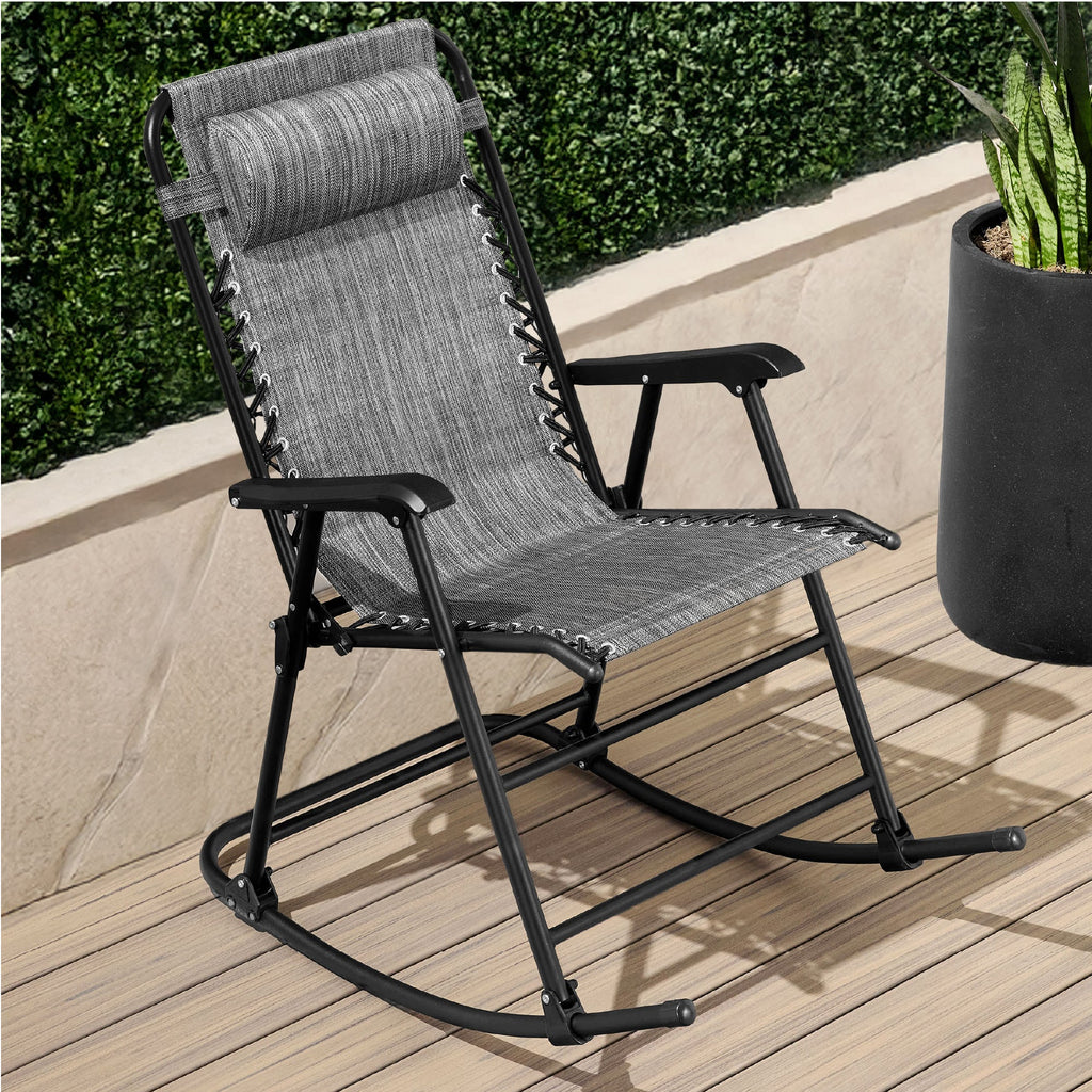 Premium Outdoor Folding Zero-Gravity Rocking Lounge Chair with Headrest Pillow