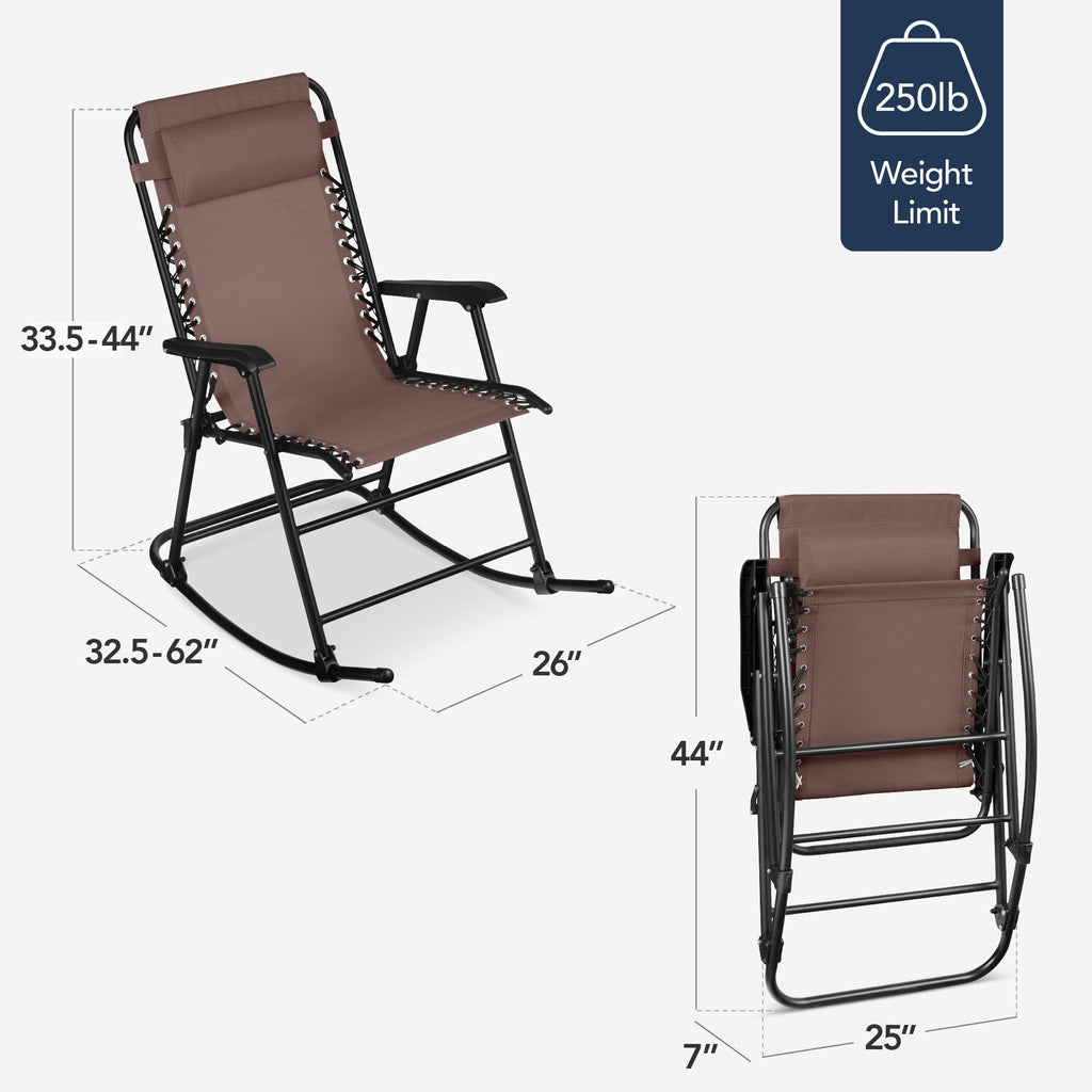 Premium Outdoor Folding Zero-Gravity Rocking Lounge Chair with Headrest Pillow