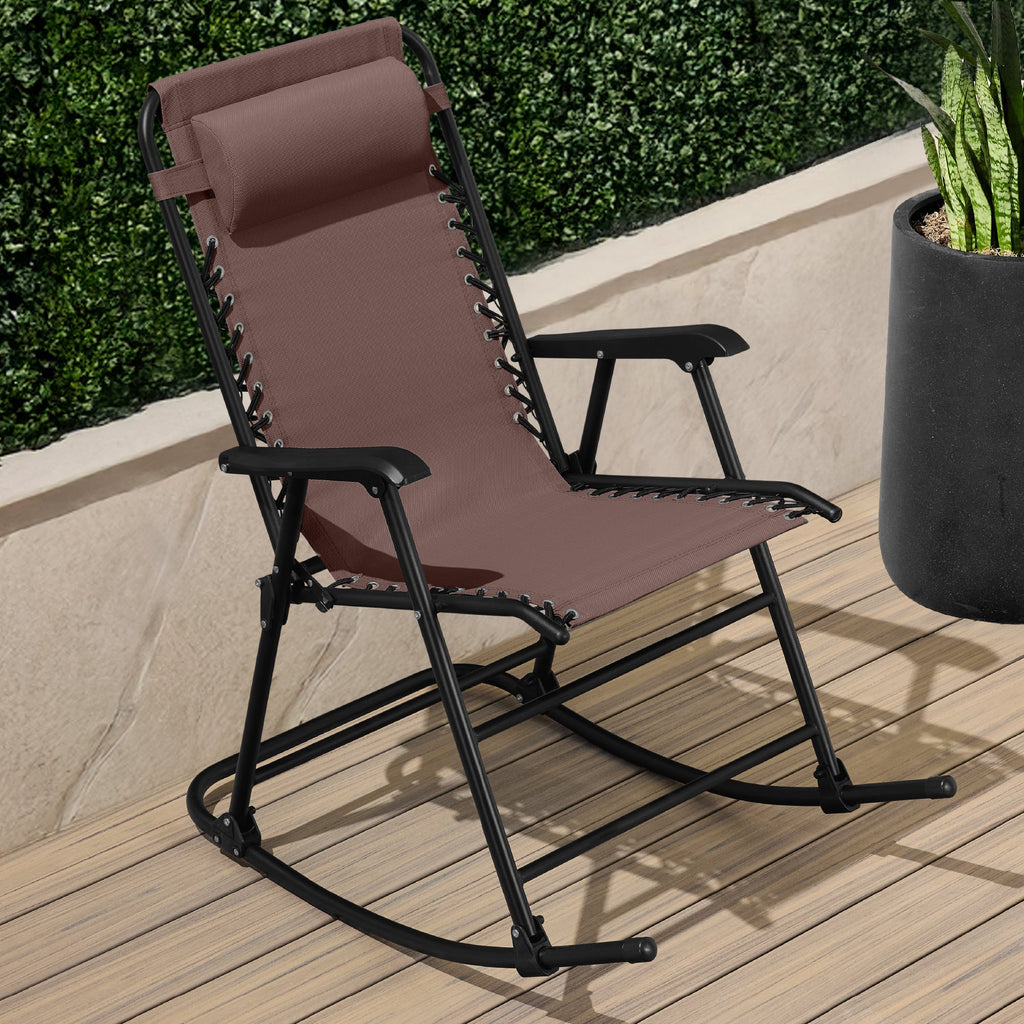 Premium Outdoor Folding Zero-Gravity Rocking Lounge Chair with Headrest Pillow