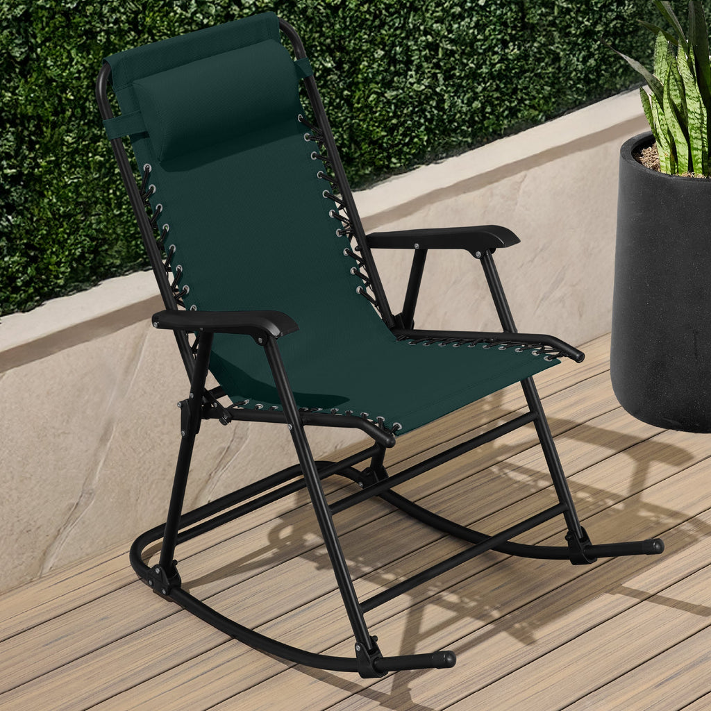 Premium Outdoor Folding Zero-Gravity Rocking Lounge Chair with Headrest Pillow