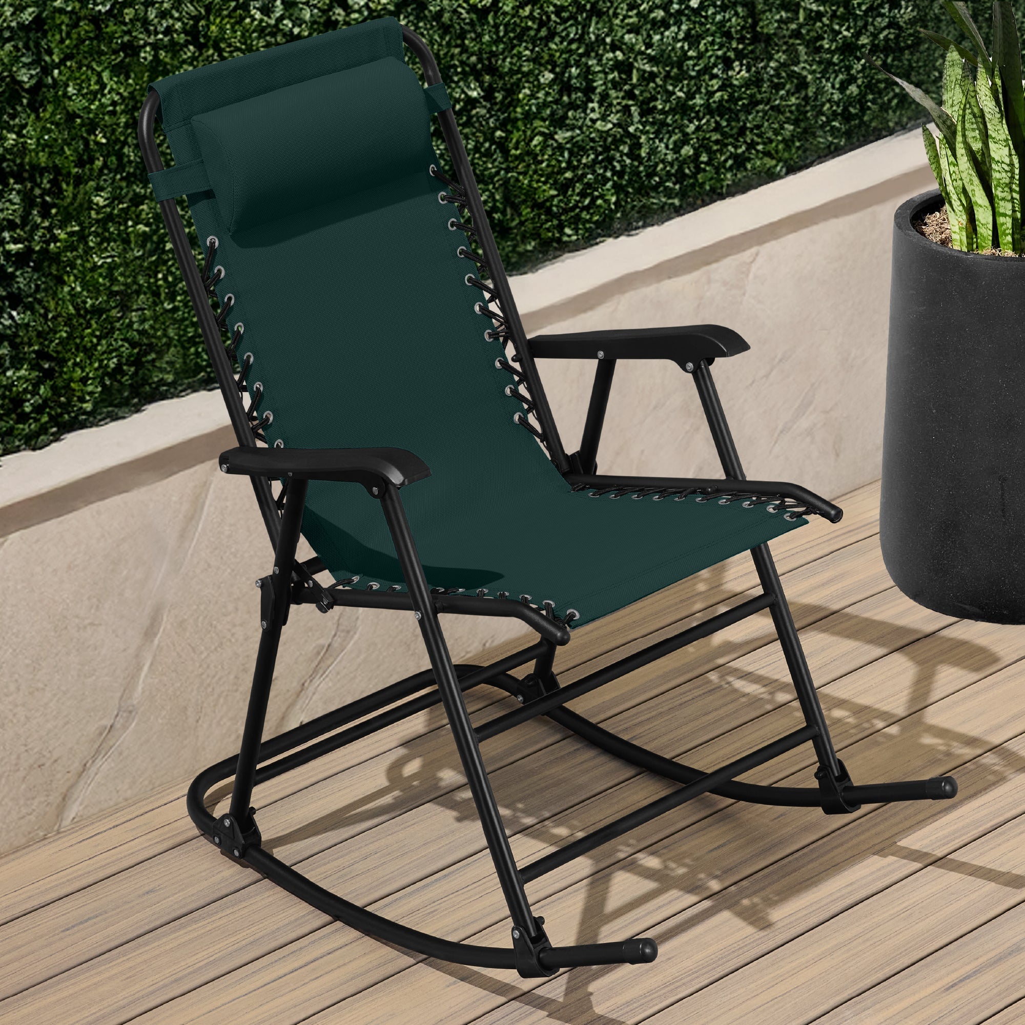 Premium Outdoor Folding Zero-Gravity Rocking Lounge Chair with Headrest Pillow
