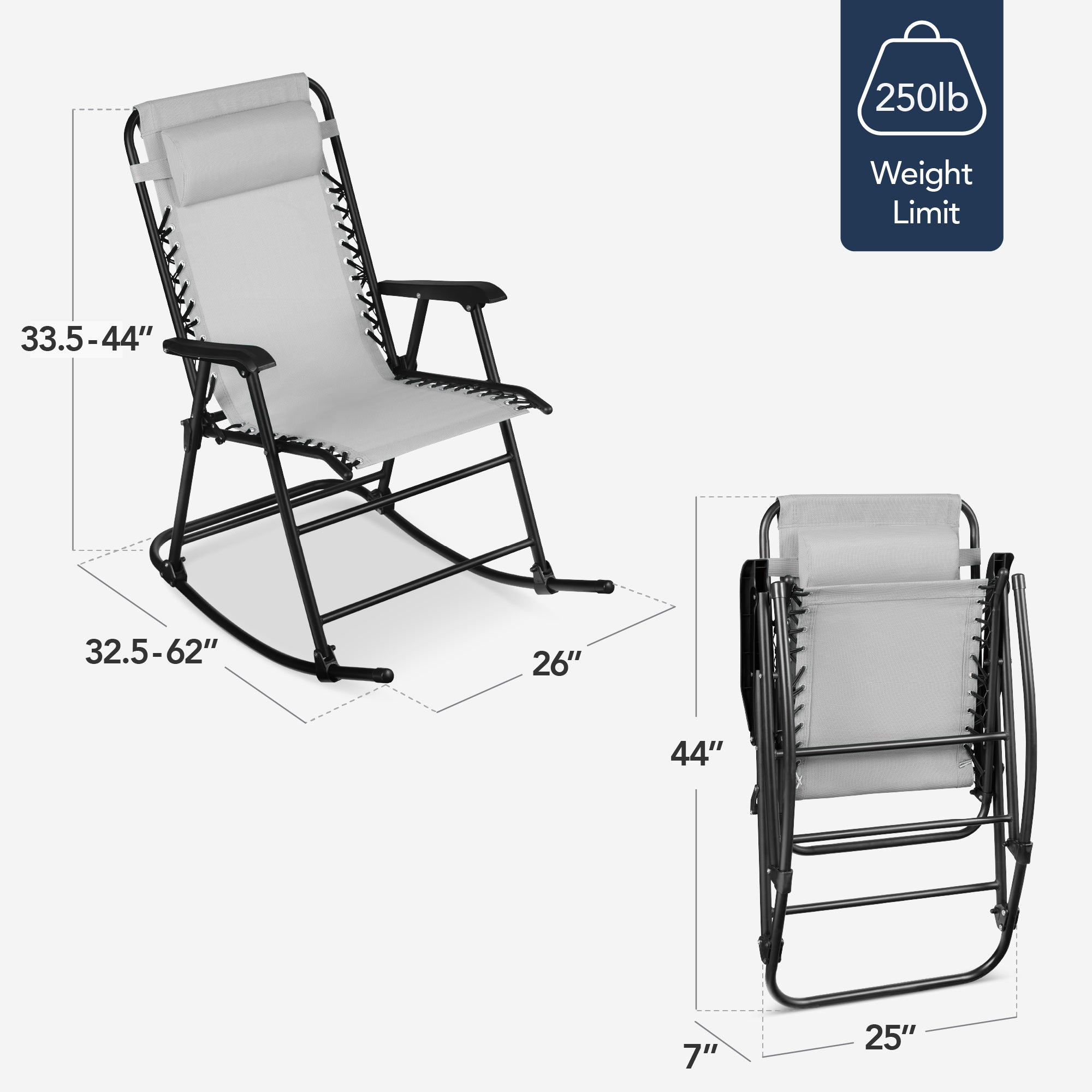 Premium Outdoor Folding Zero-Gravity Rocking Lounge Chair with Headrest Pillow