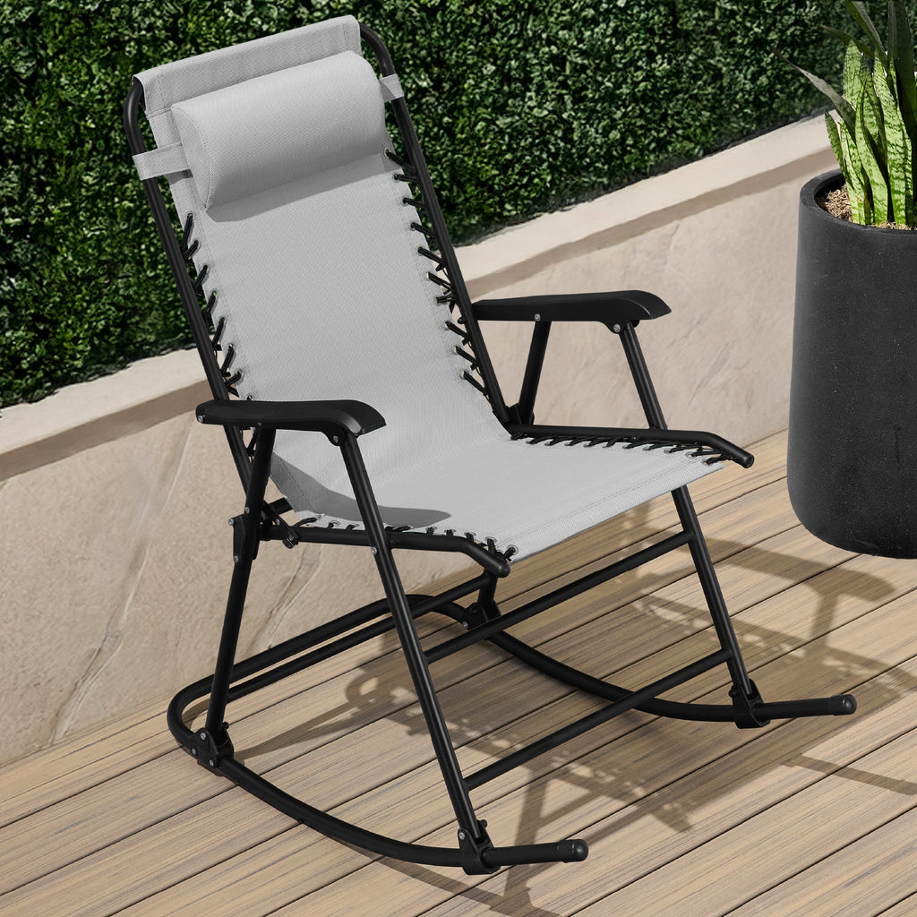 Premium Outdoor Folding Zero-Gravity Rocking Lounge Chair with Headrest Pillow