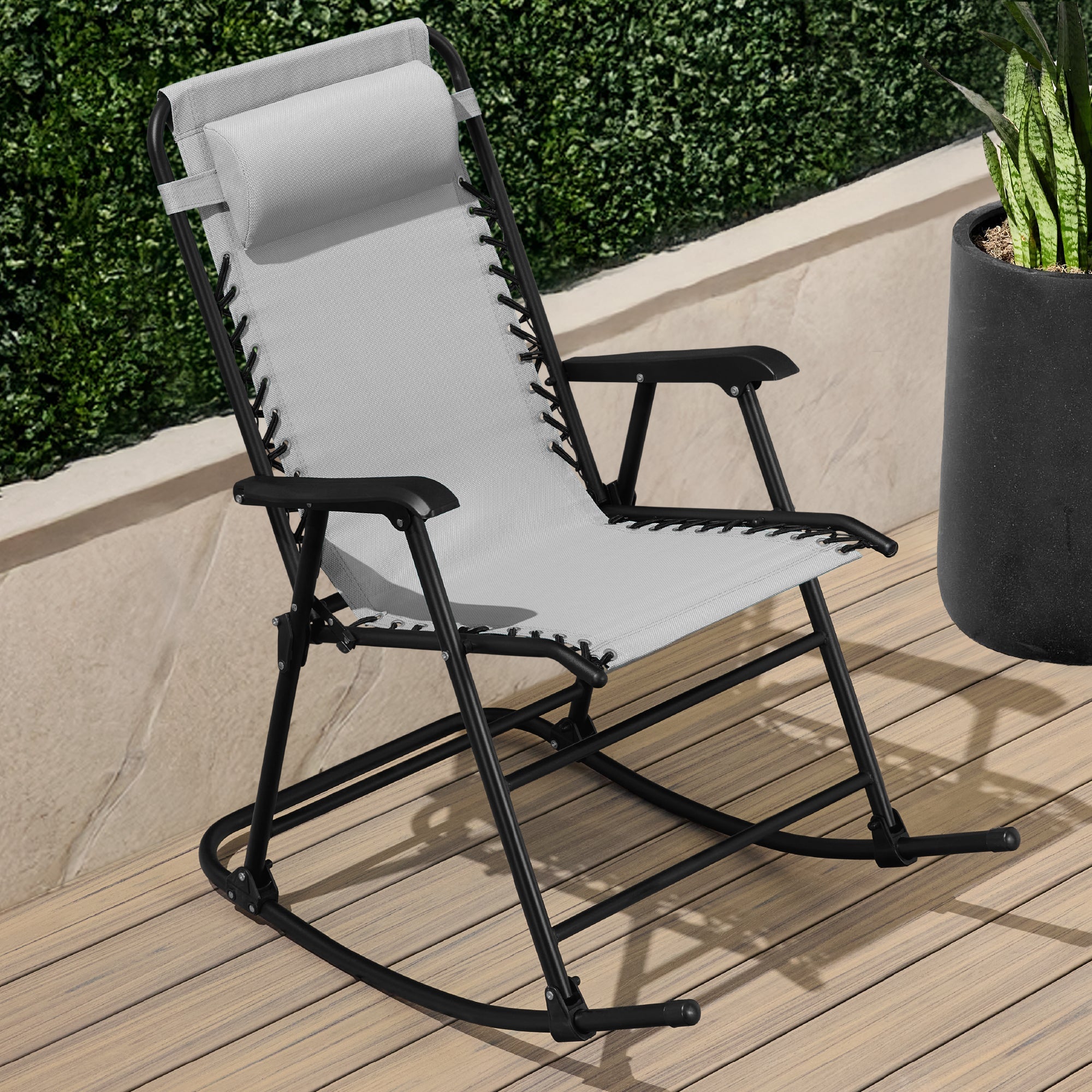 Premium Outdoor Folding Zero-Gravity Rocking Lounge Chair with Headrest Pillow