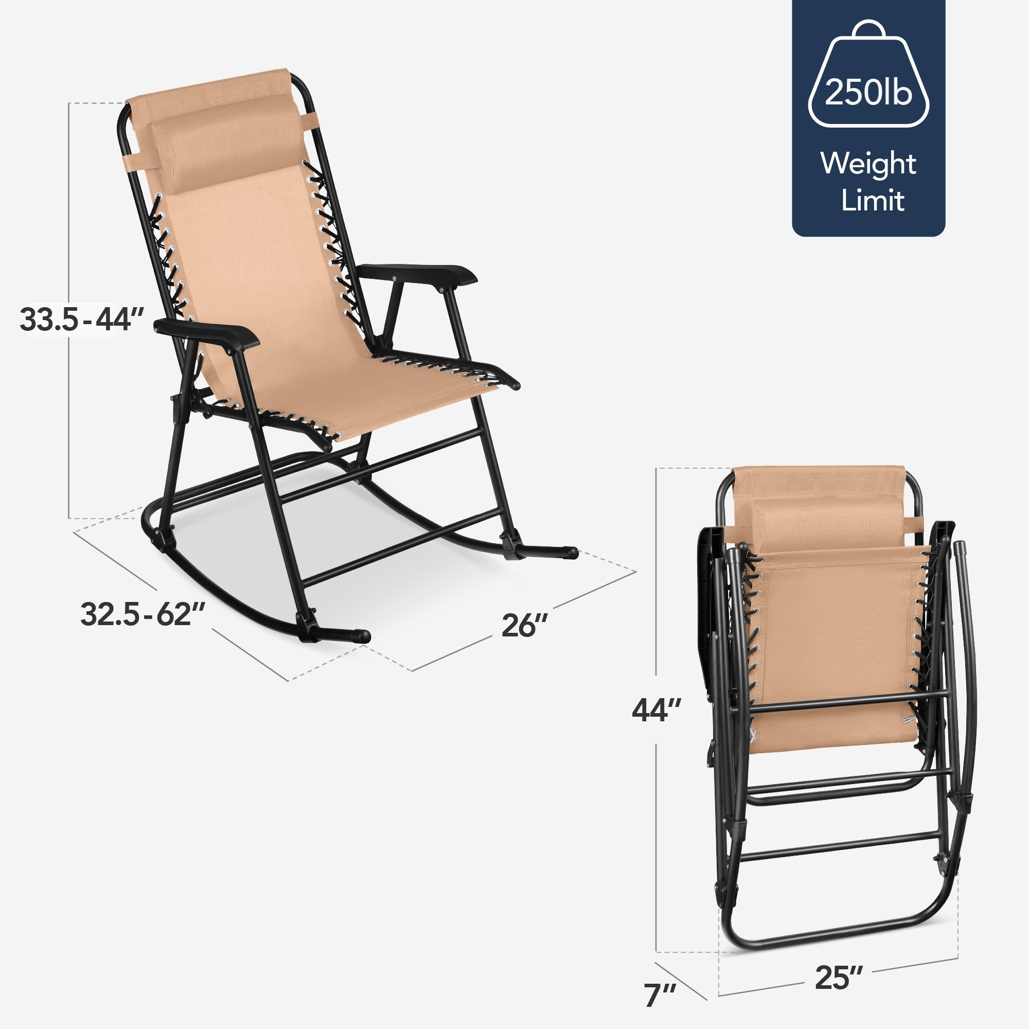 Premium Outdoor Folding Zero-Gravity Rocking Lounge Chair with Headrest Pillow